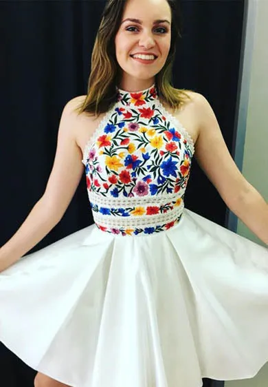 White Satin A-line Floral Short Homecoming Dresses | Graduation Dresses, SH440
