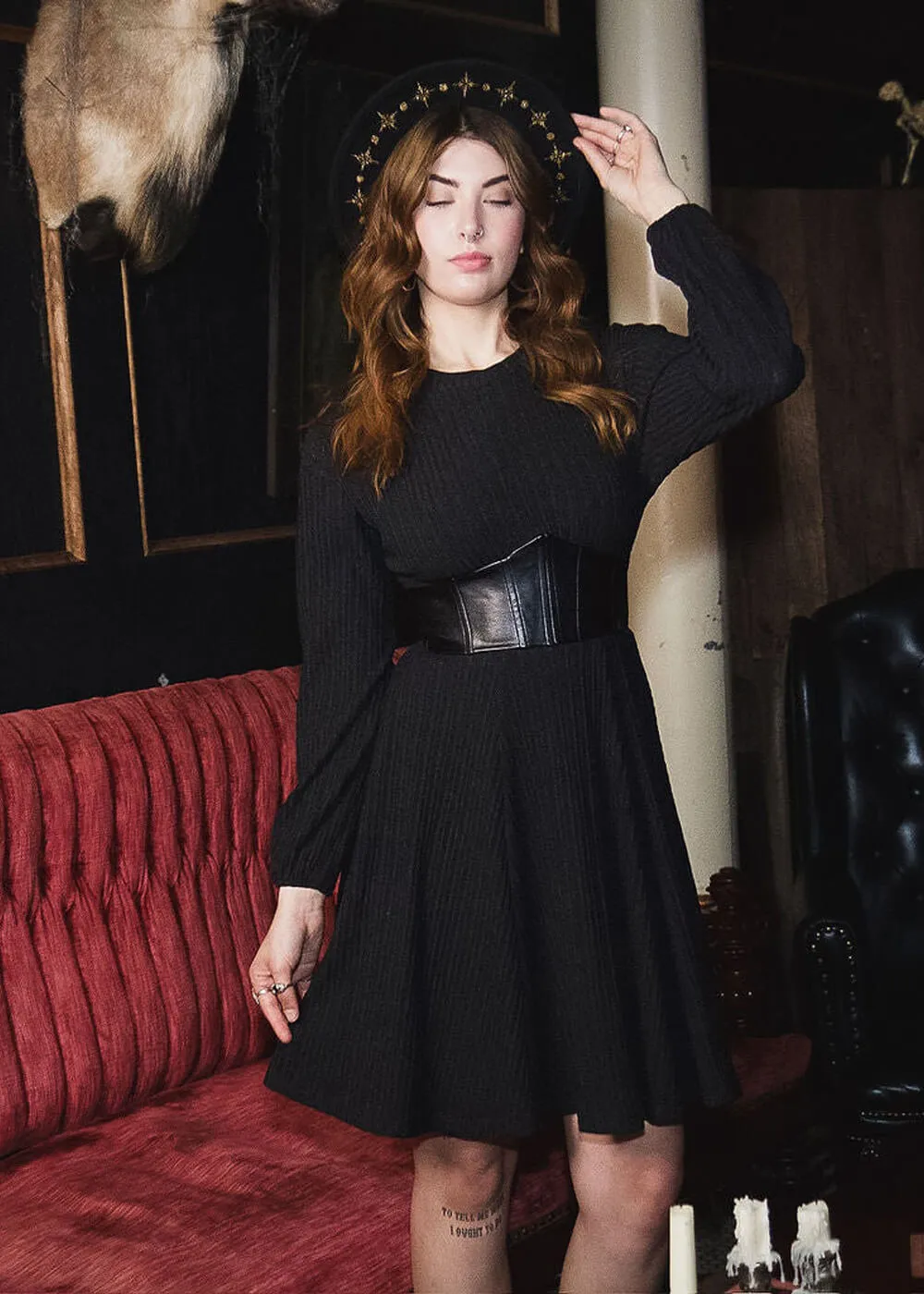 Witchwood Blythe Vegan Leather Corset Sweater Dress Black