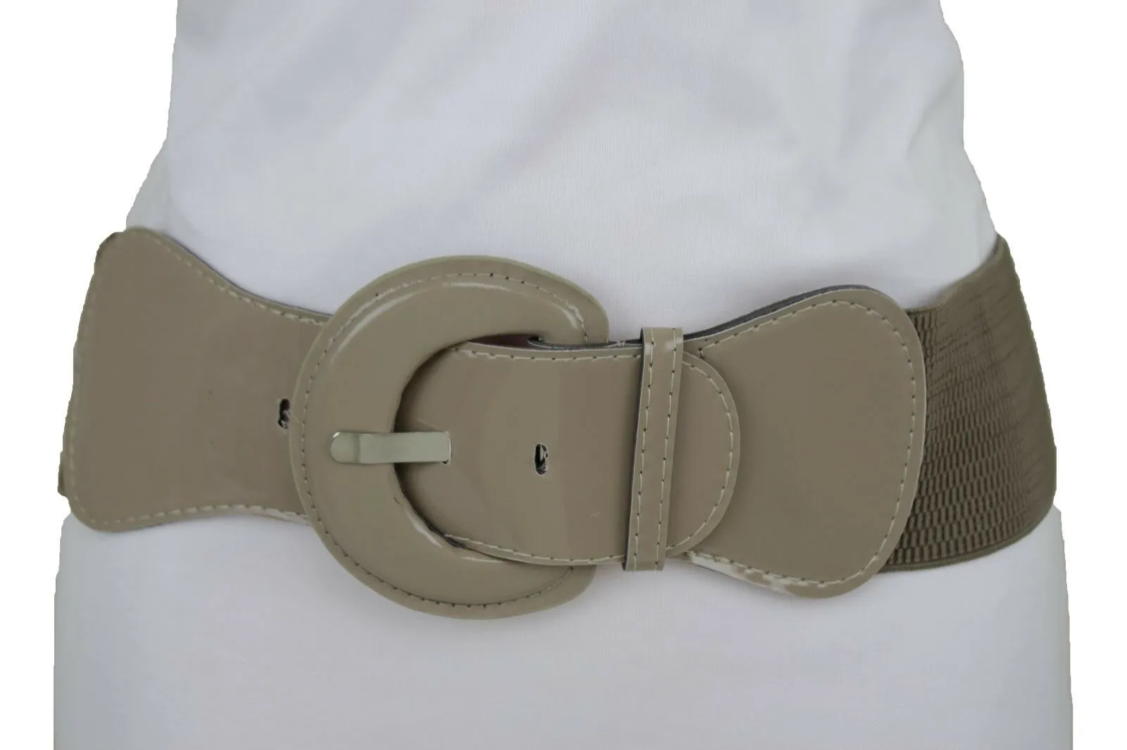 Women Beige Gray Elastic Belt Fashion Hip High Waist Big Round Buckle XS S M