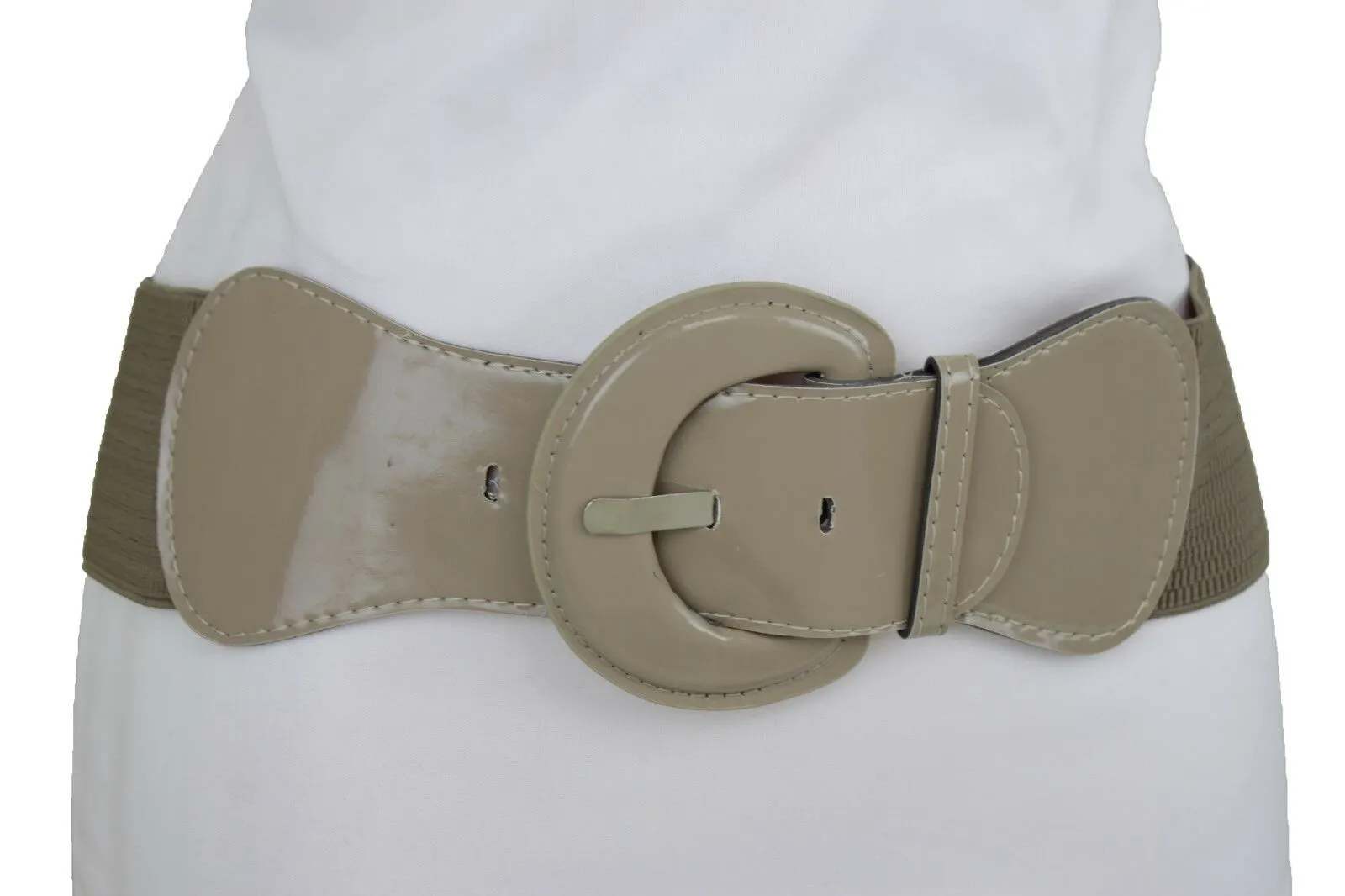 Women Beige Gray Elastic Belt Fashion Hip High Waist Big Round Buckle XS S M