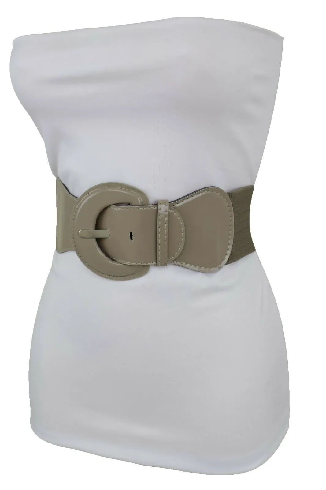 Women Beige Gray Elastic Belt Fashion Hip High Waist Big Round Buckle XS S M