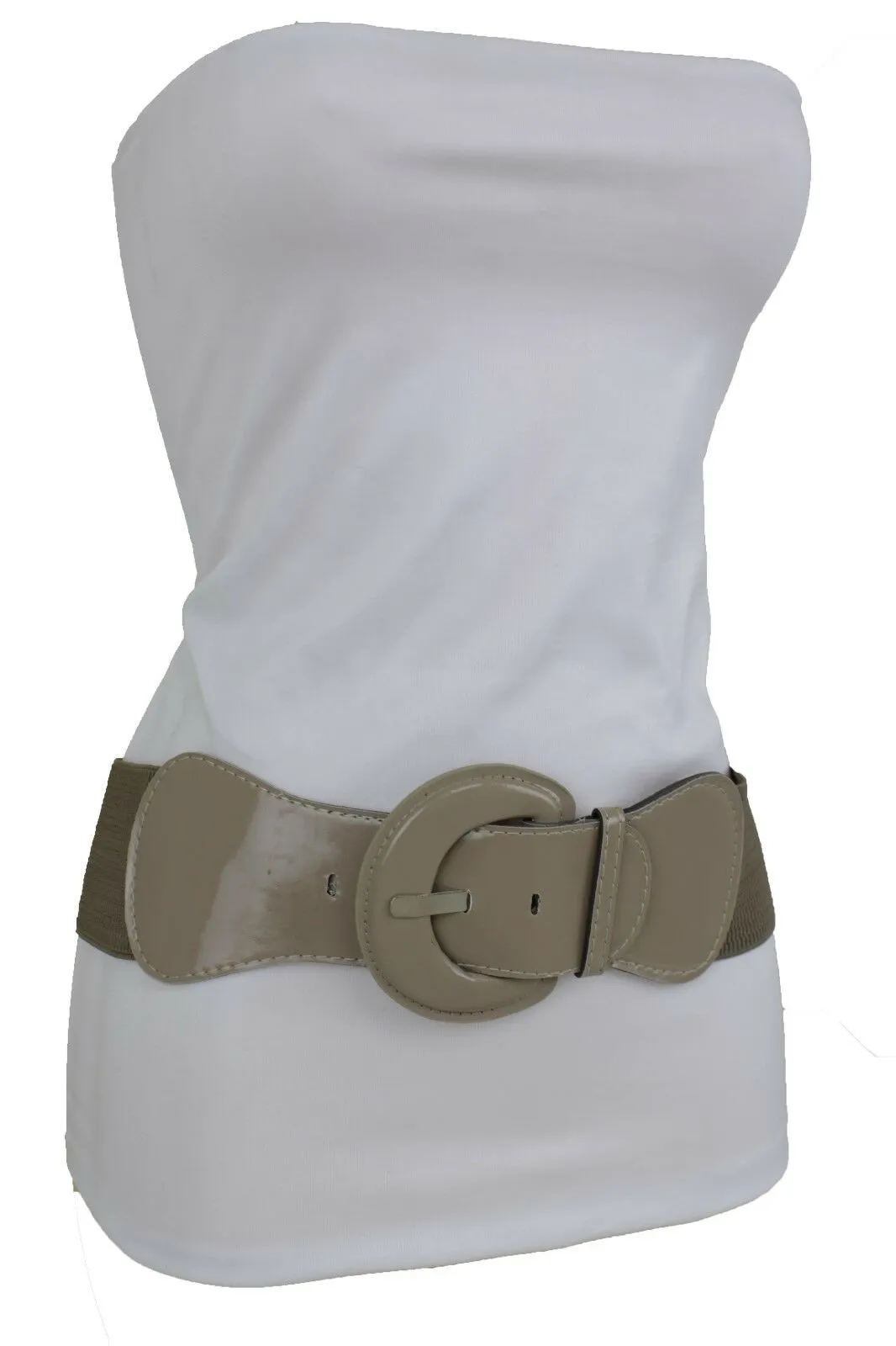 Women Beige Gray Elastic Belt Fashion Hip High Waist Big Round Buckle XS S M