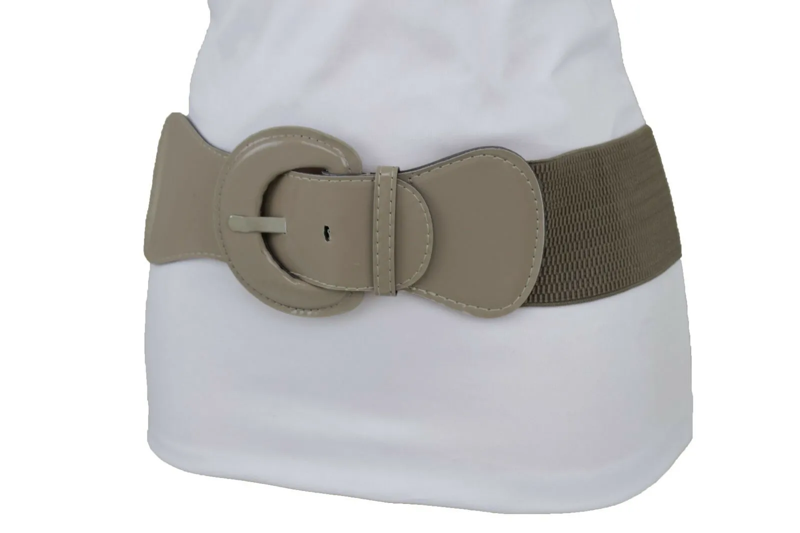 Women Beige Gray Elastic Belt Fashion Hip High Waist Big Round Buckle XS S M