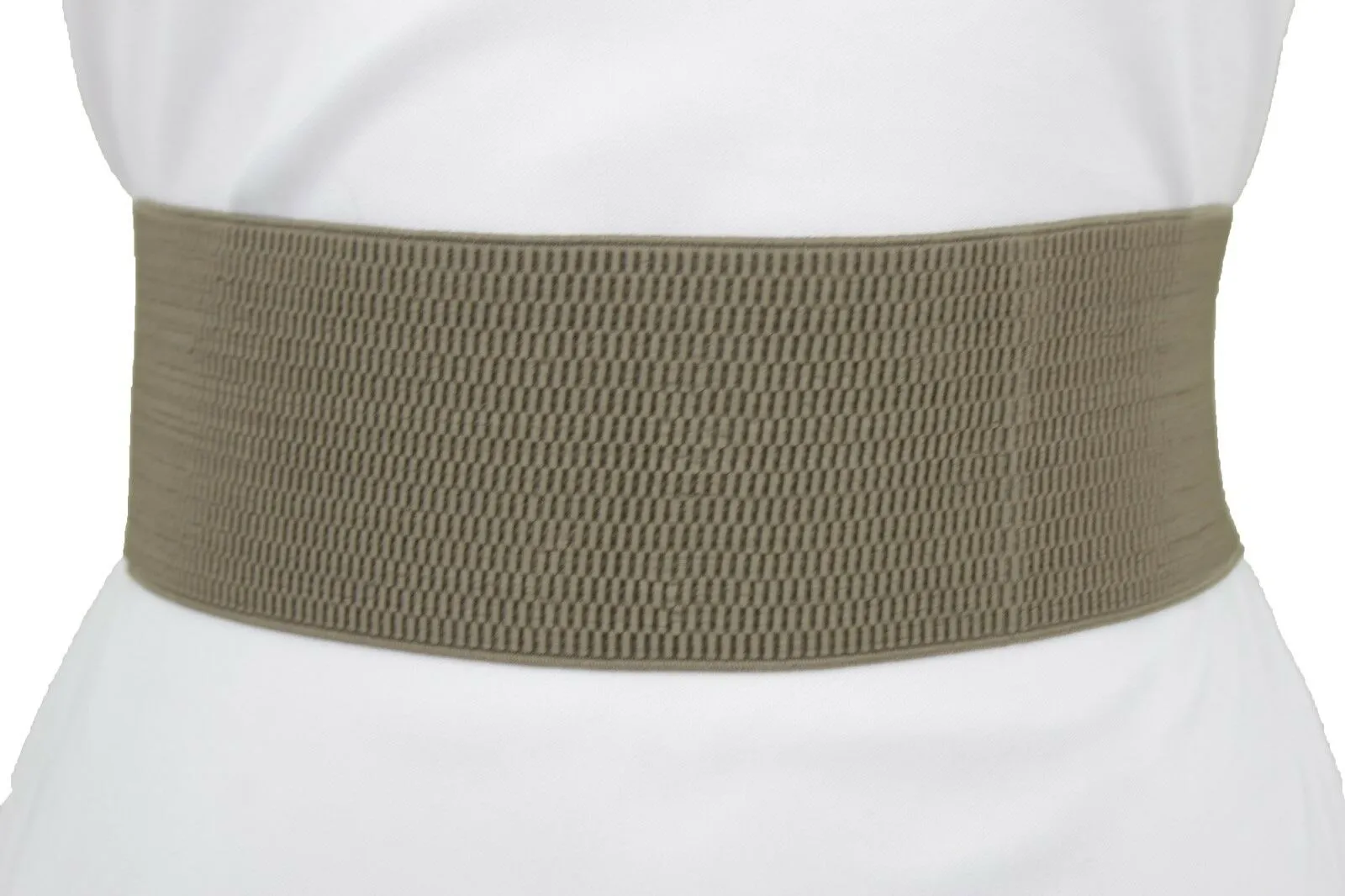Women Beige Gray Elastic Belt Fashion Hip High Waist Big Round Buckle XS S M