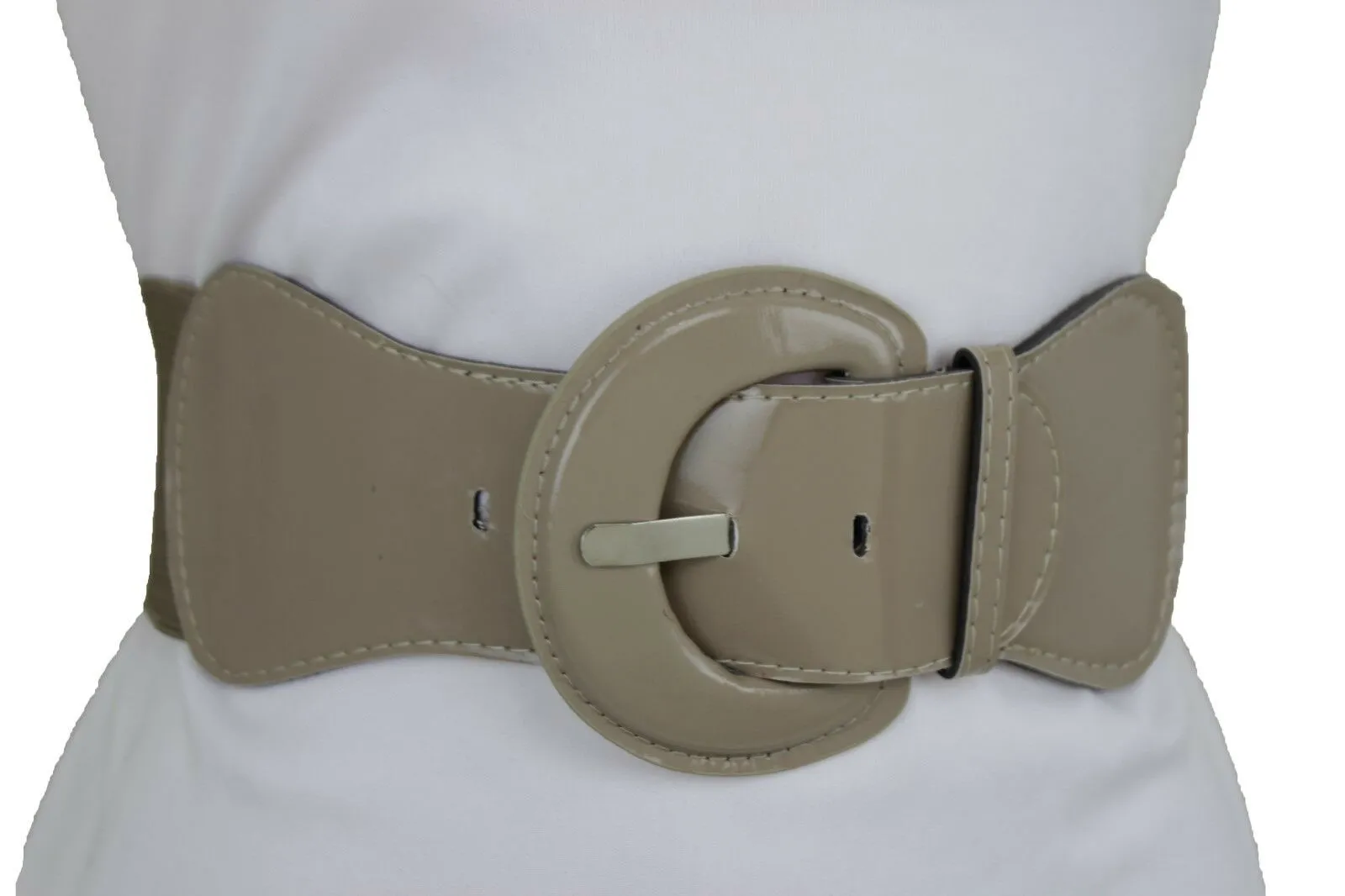 Women Beige Gray Elastic Belt Fashion Hip High Waist Big Round Buckle XS S M