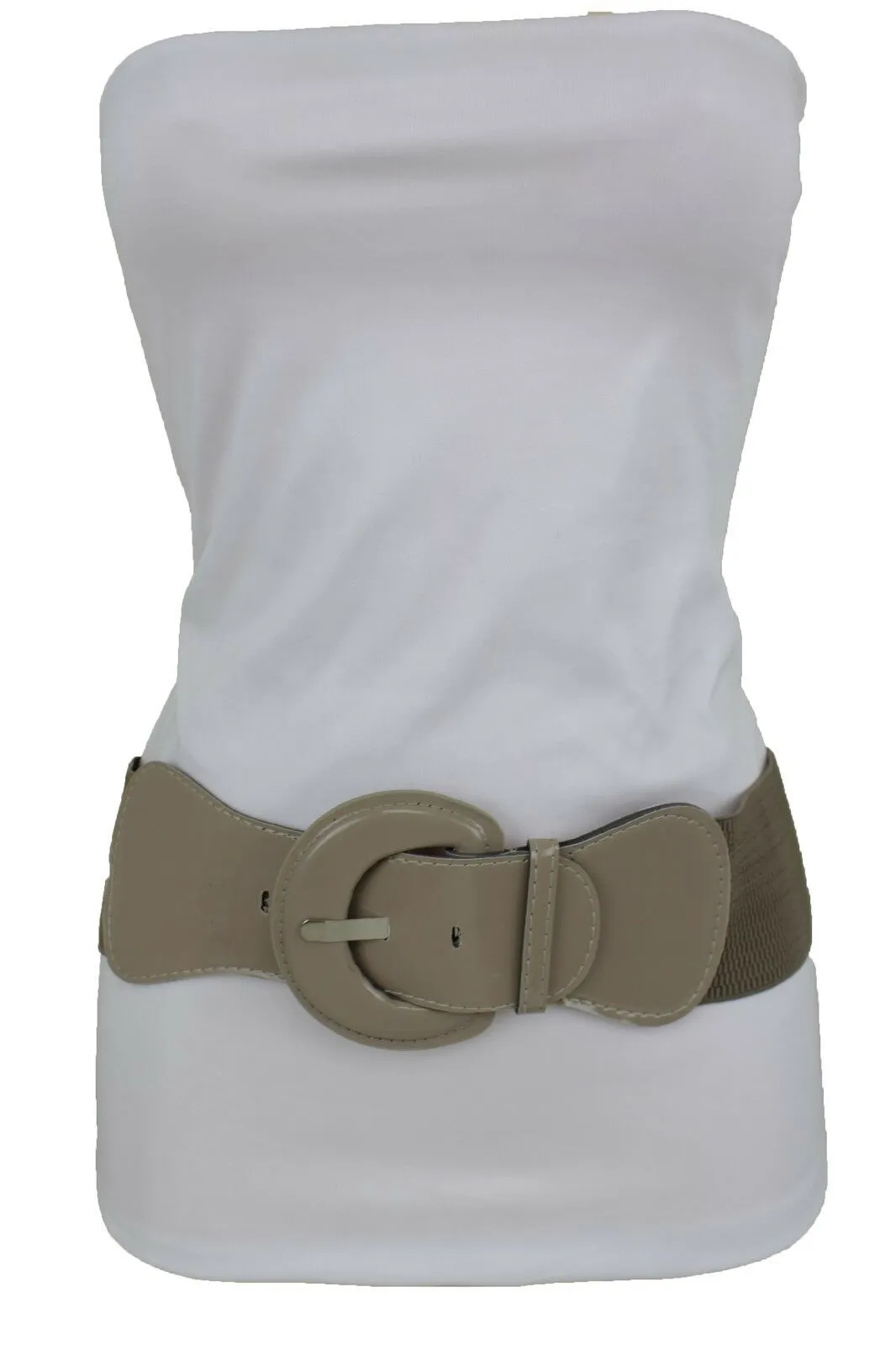 Women Beige Gray Elastic Belt Fashion Hip High Waist Big Round Buckle XS S M