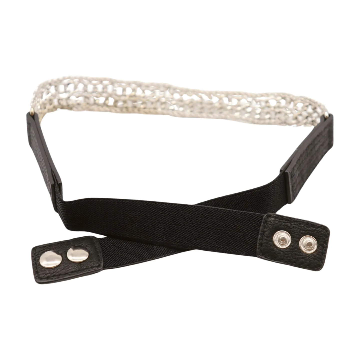 Women Black Elastic Waistband Skinny Fashion Belt Silver Metal Chain Links S M
