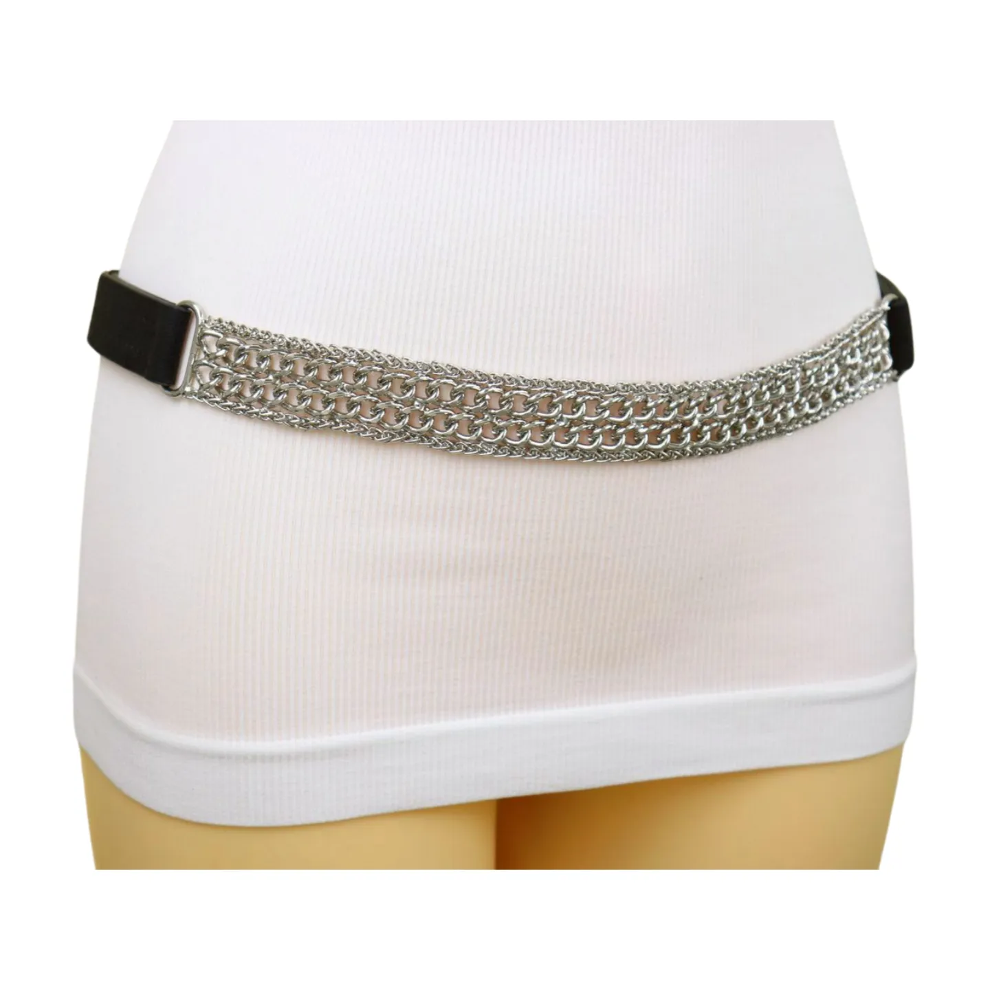 Women Black Elastic Waistband Skinny Fashion Belt Silver Metal Chain Links S M