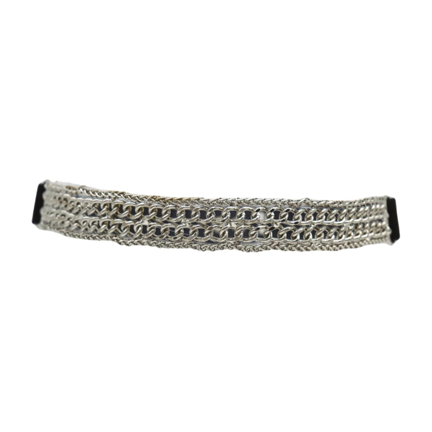 Women Black Elastic Waistband Skinny Fashion Belt Silver Metal Chain Links S M