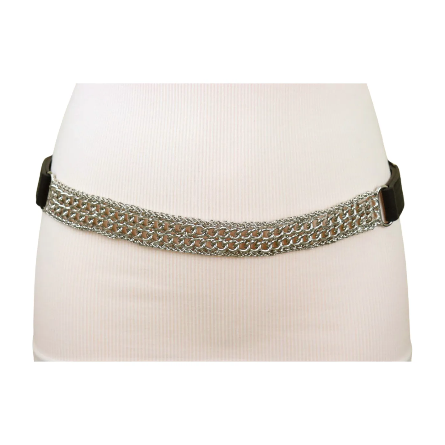 Women Black Elastic Waistband Skinny Fashion Belt Silver Metal Chain Links S M