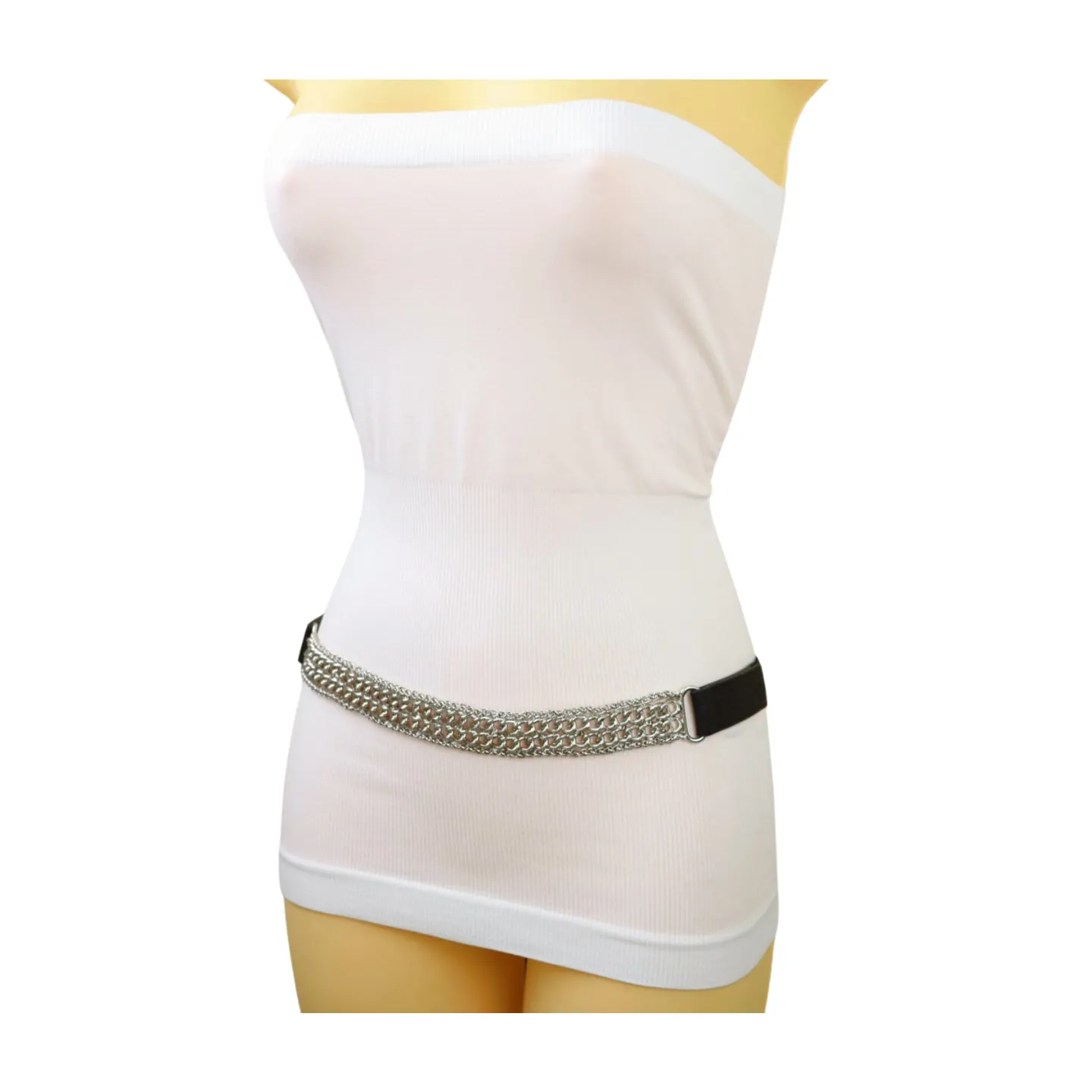 Women Black Elastic Waistband Skinny Fashion Belt Silver Metal Chain Links S M