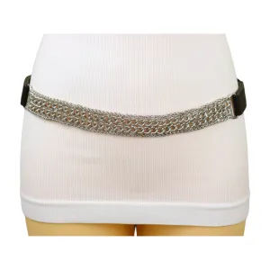 Women Black Elastic Waistband Skinny Fashion Belt Silver Metal Chain Links S M