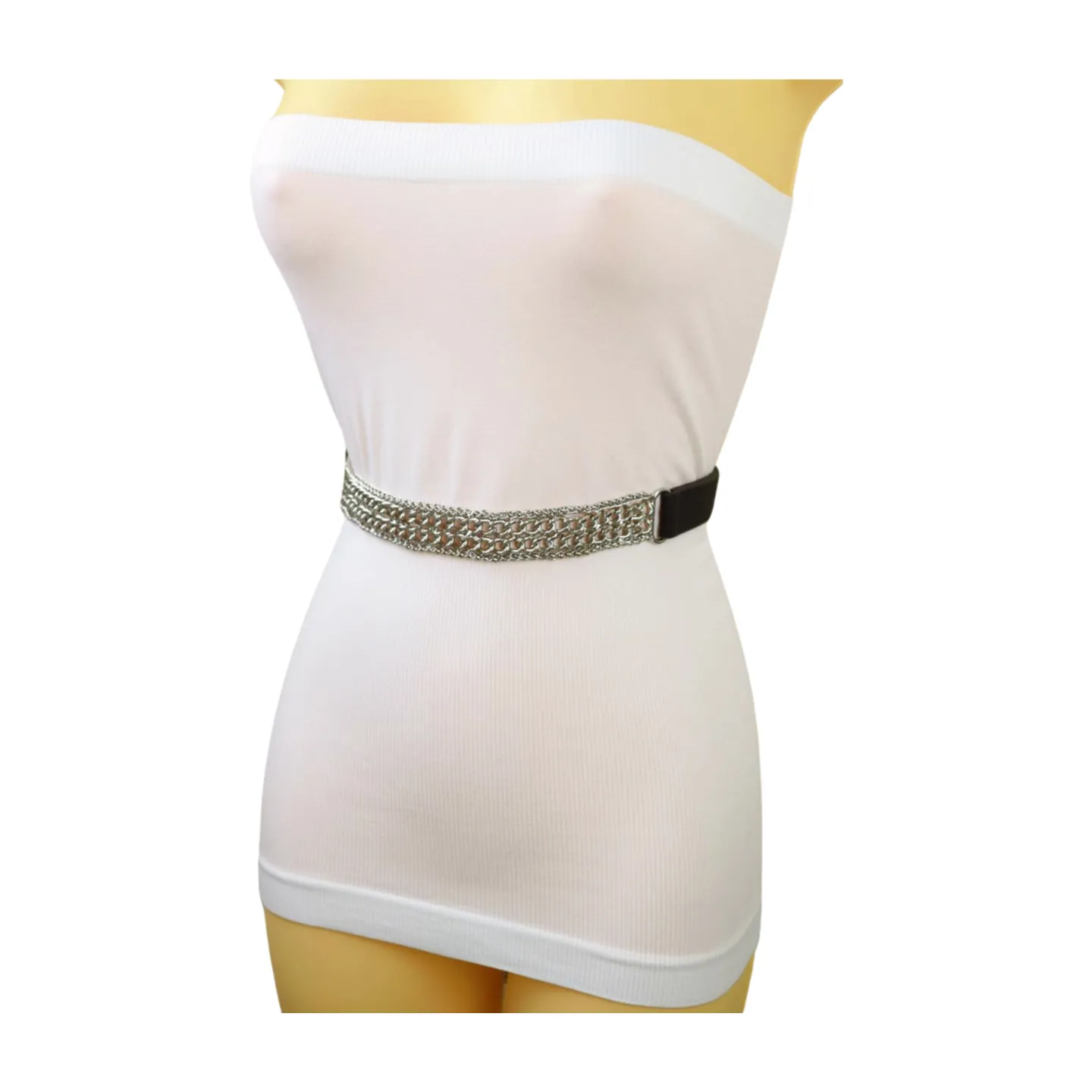 Women Black Elastic Waistband Skinny Fashion Belt Silver Metal Chain Links S M
