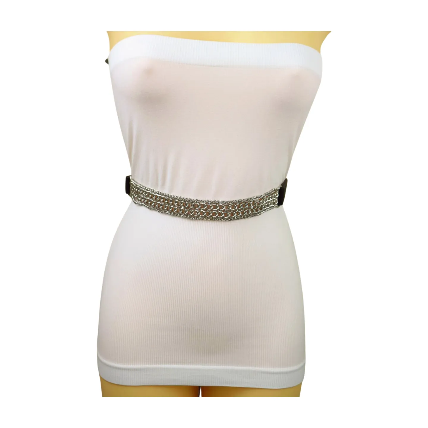 Women Black Elastic Waistband Skinny Fashion Belt Silver Metal Chain Links S M