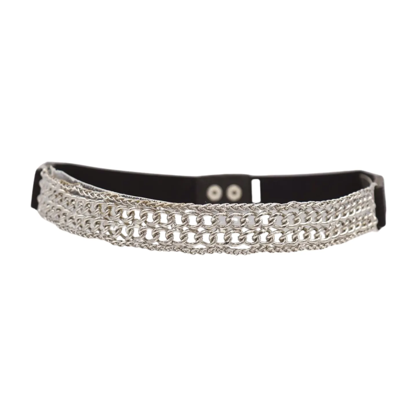 Women Black Elastic Waistband Skinny Fashion Belt Silver Metal Chain Links S M