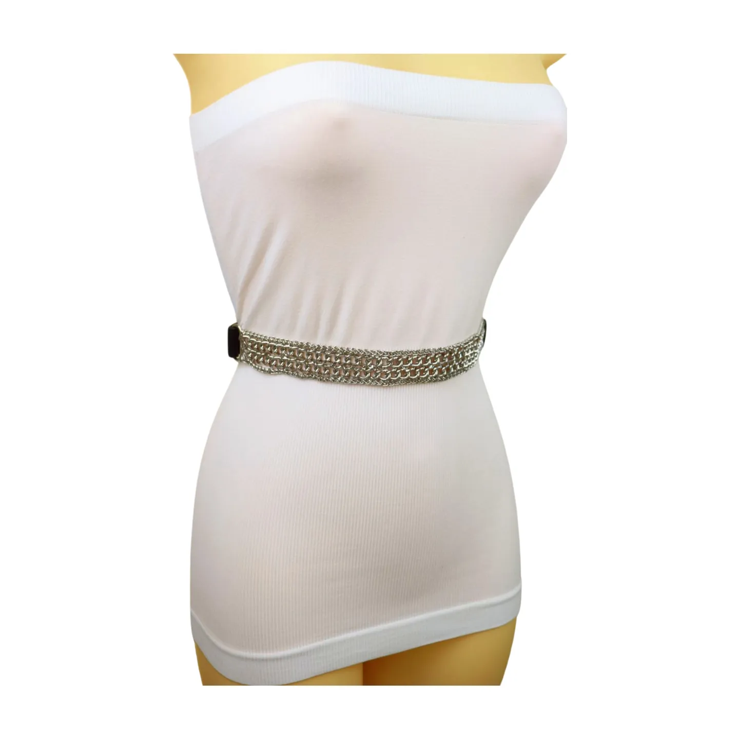 Women Black Elastic Waistband Skinny Fashion Belt Silver Metal Chain Links S M