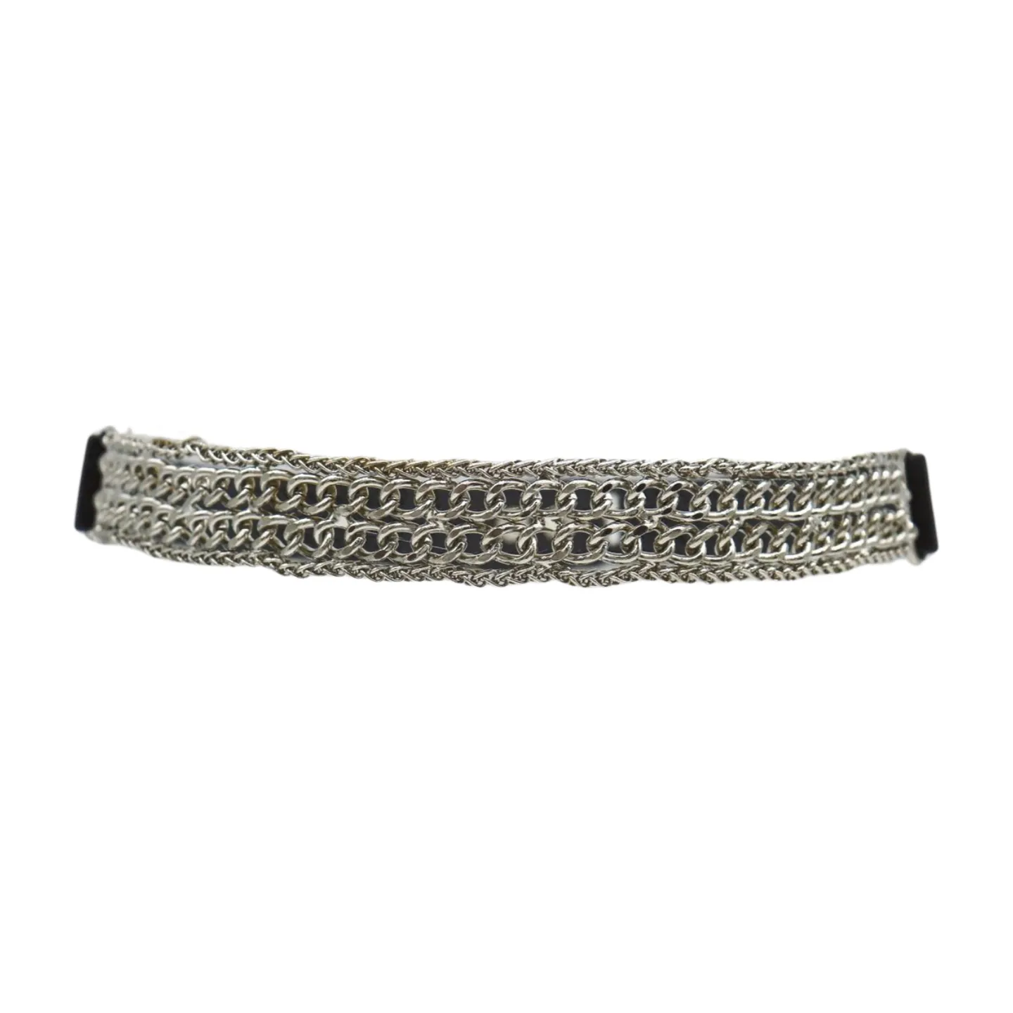 Women Black Elastic Waistband Skinny Fashion Belt Silver Metal Chain Links S M