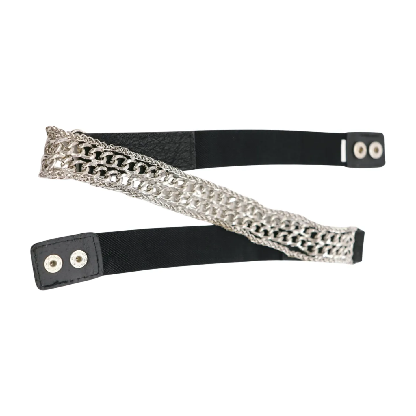 Women Black Elastic Waistband Skinny Fashion Belt Silver Metal Chain Links S M