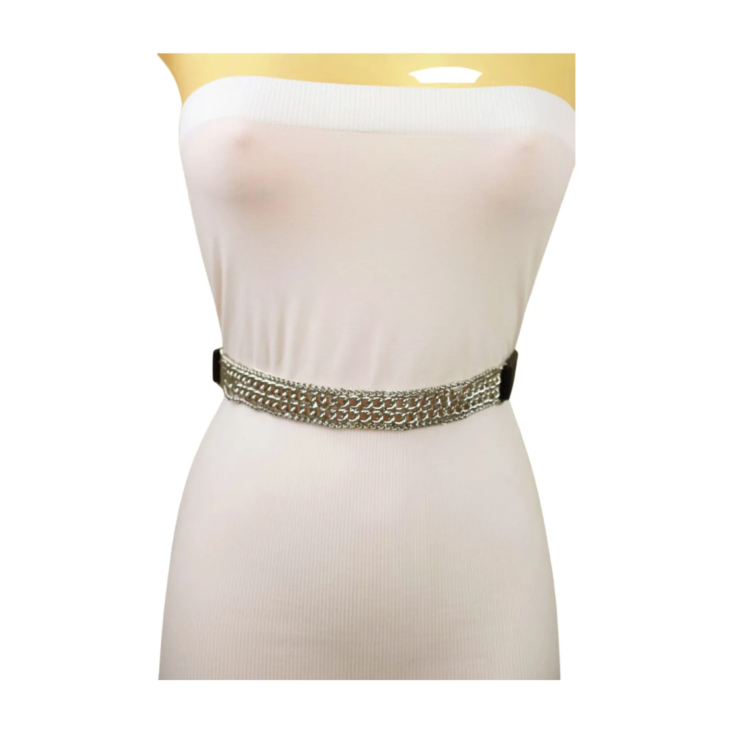 Women Black Elastic Waistband Skinny Fashion Belt Silver Metal Chain Links S M