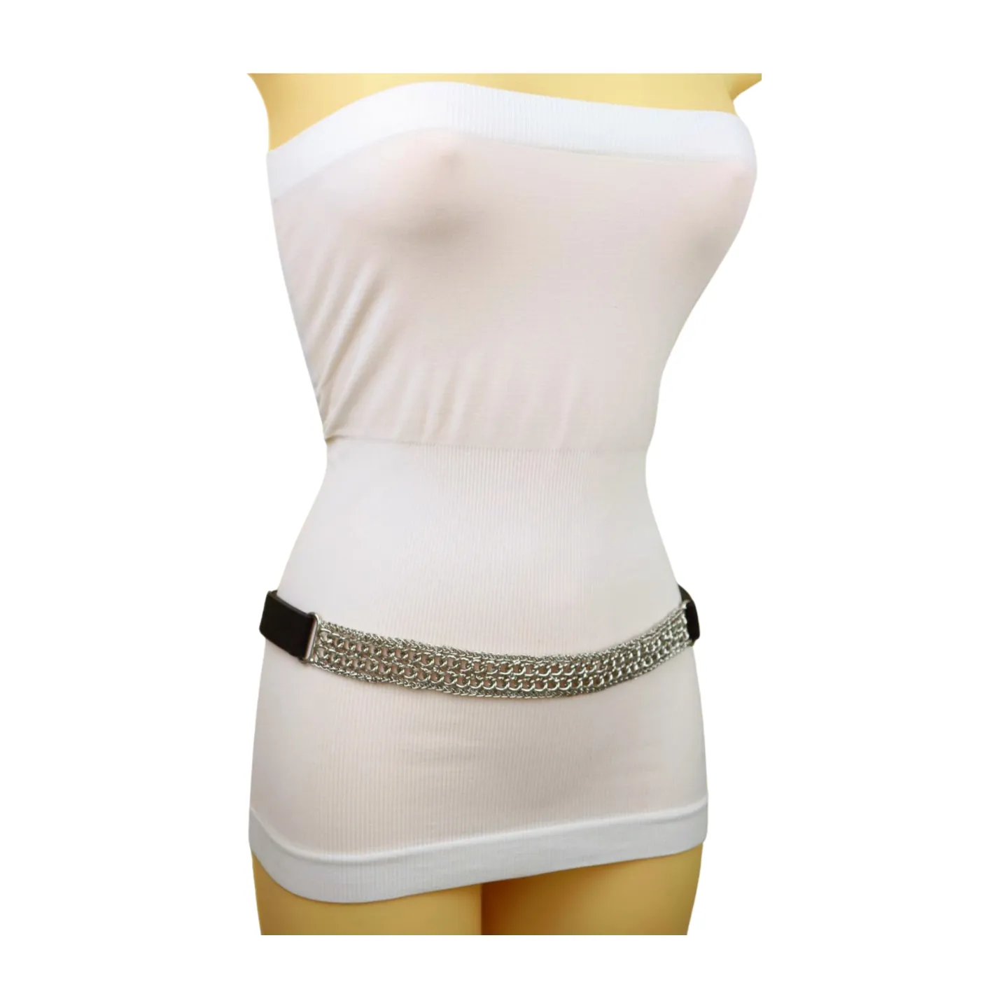Women Black Elastic Waistband Skinny Fashion Belt Silver Metal Chain Links S M