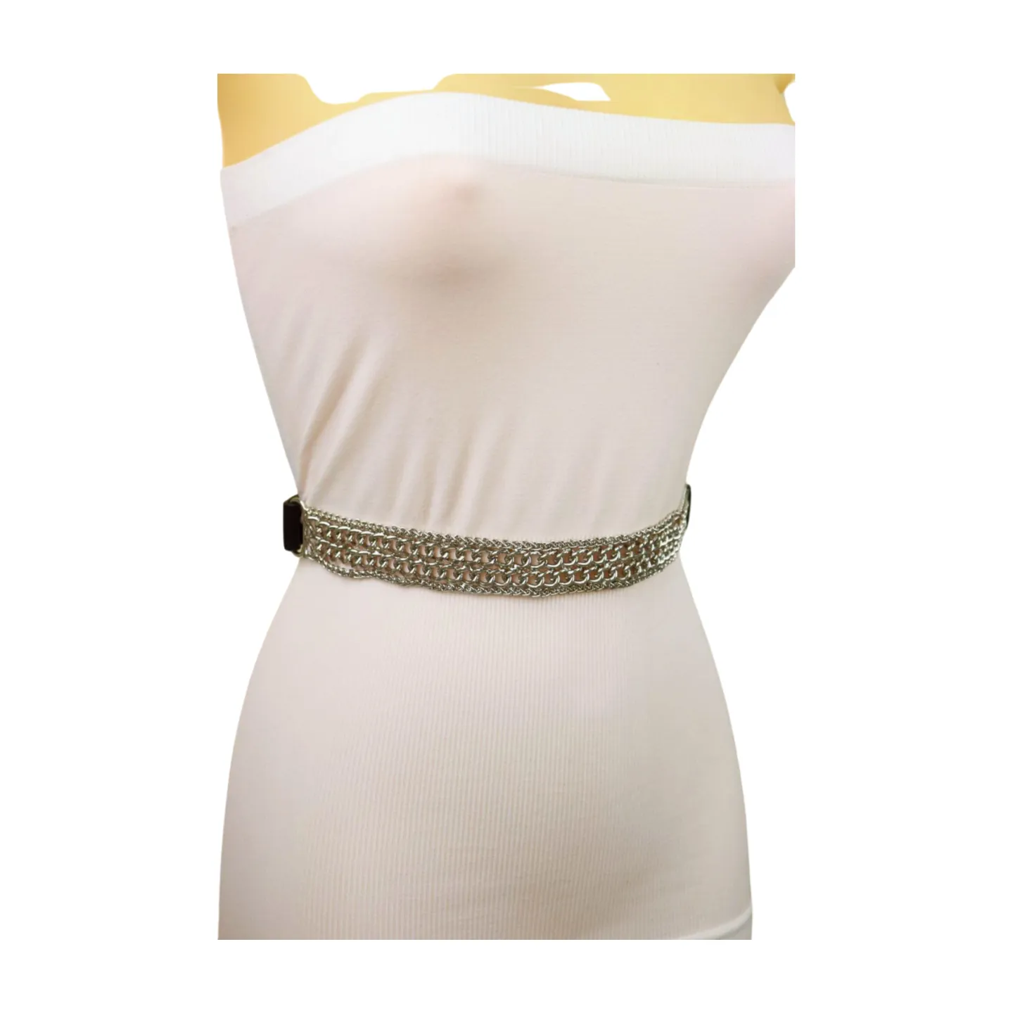 Women Black Elastic Waistband Skinny Fashion Belt Silver Metal Chain Links S M