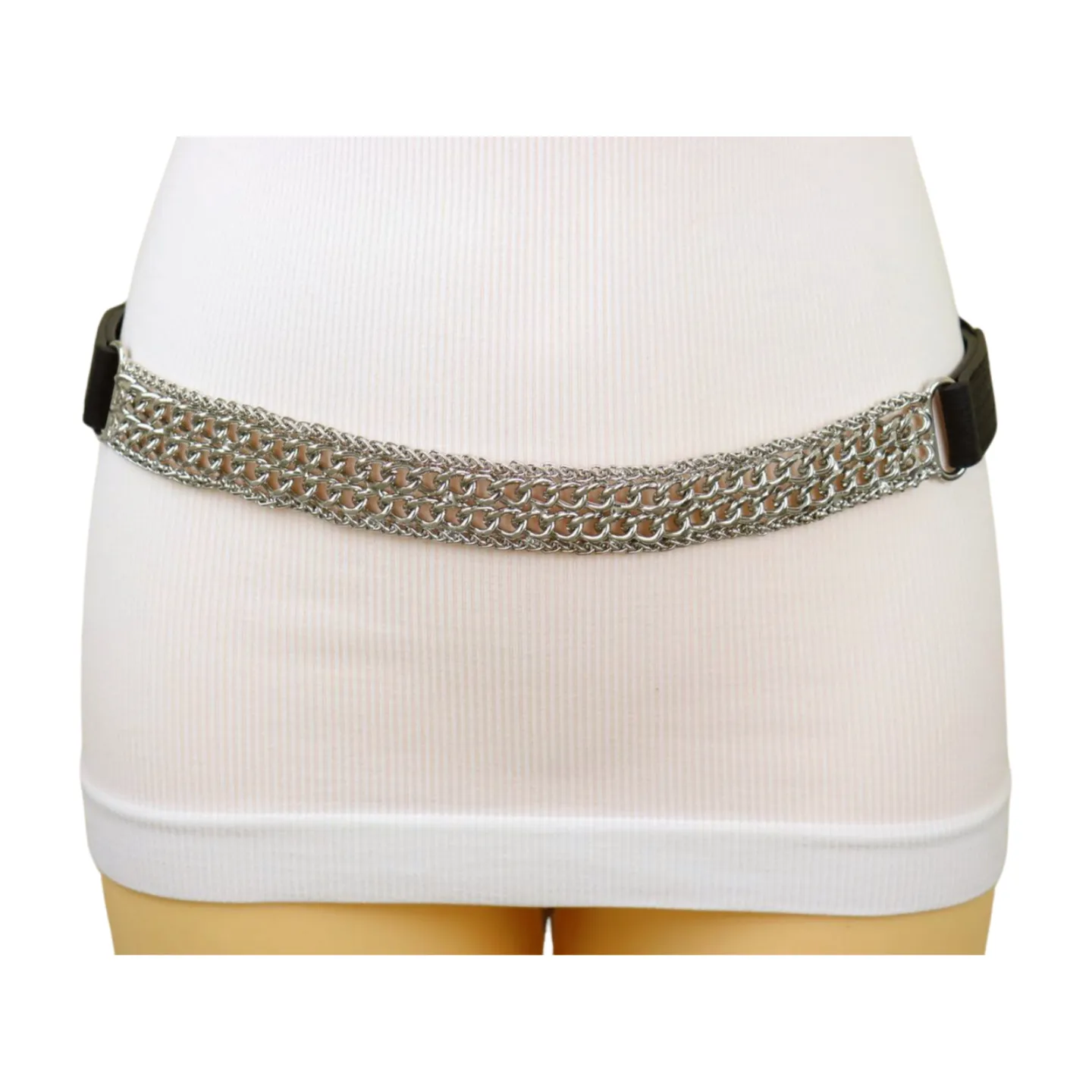 Women Black Elastic Waistband Skinny Fashion Belt Silver Metal Chain Links S M