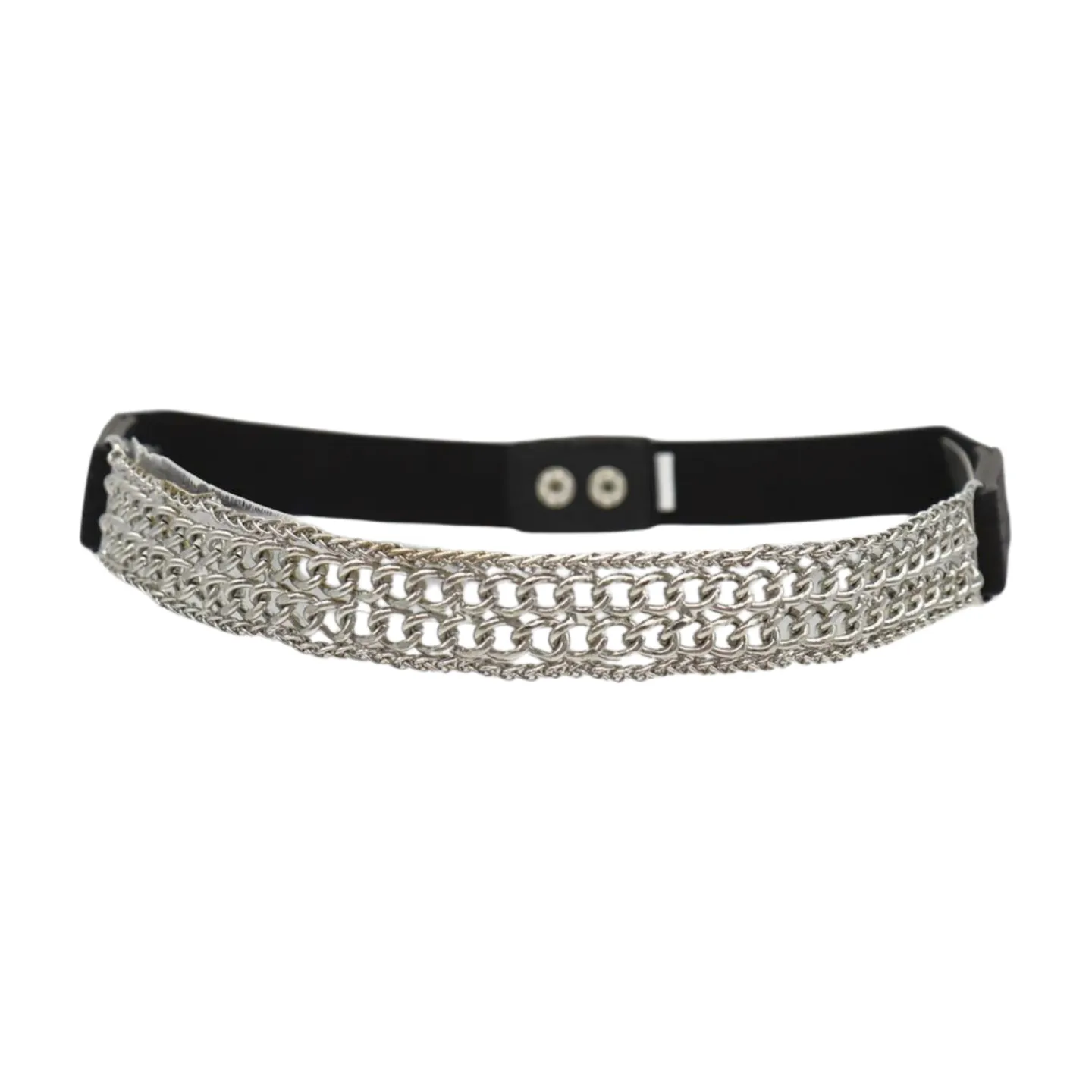 Women Black Elastic Waistband Skinny Fashion Belt Silver Metal Chain Links S M