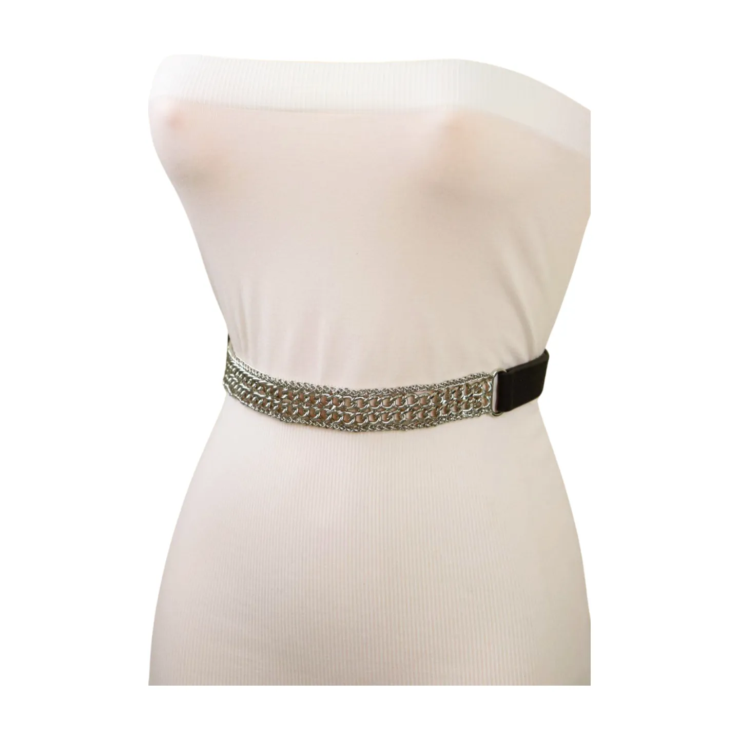Women Black Elastic Waistband Skinny Fashion Belt Silver Metal Chain Links S M