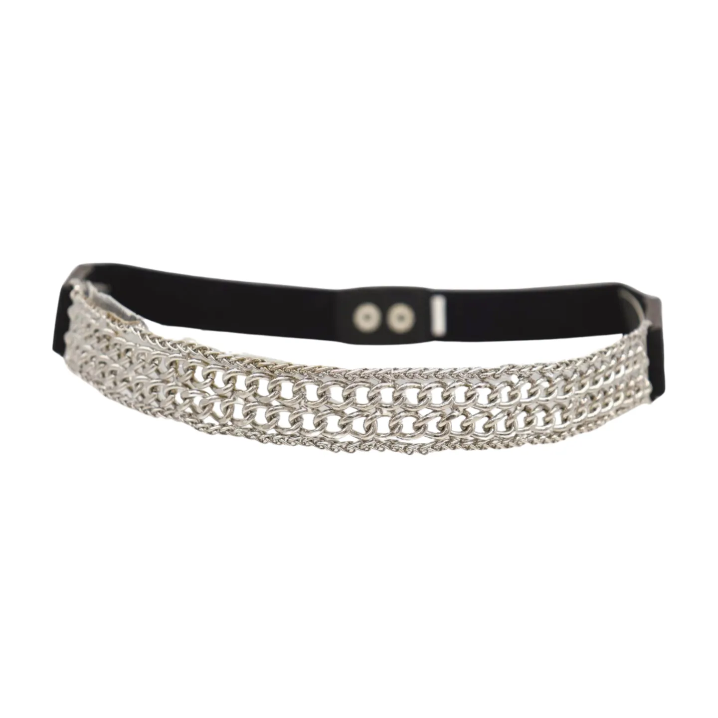 Women Black Elastic Waistband Skinny Fashion Belt Silver Metal Chain Links S M