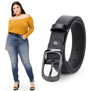 Women Black Leather Belt Plus Size Polished Buckle for Jeans Pants
