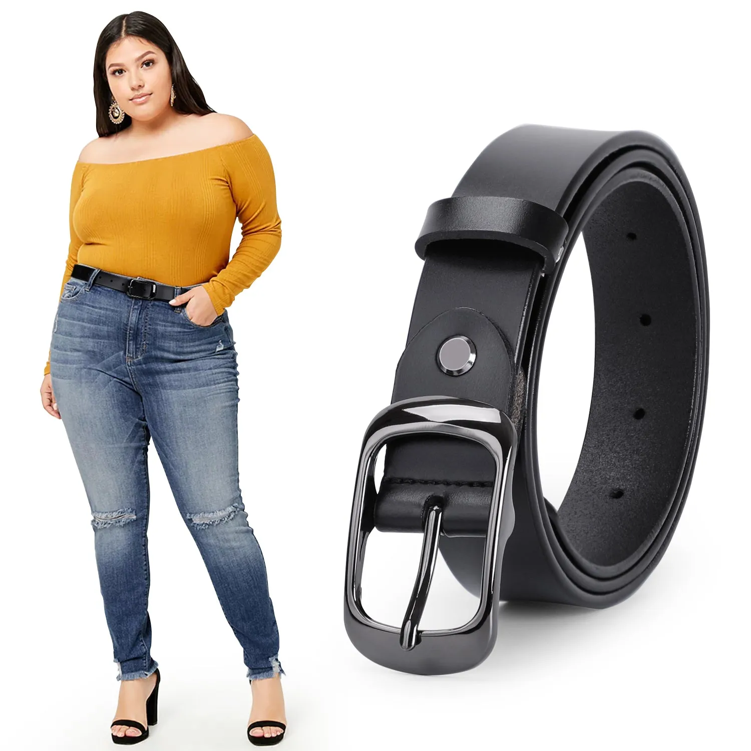 Women Black Leather Belt Plus Size Polished Buckle for Jeans Pants