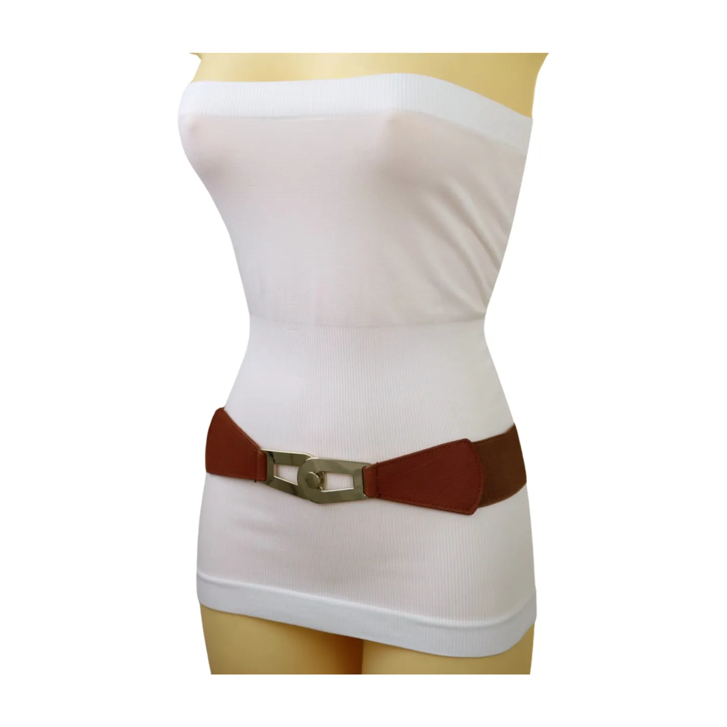 Women Brown Elastic Skinny Waistband Hip High Waist Belt Gold Metal Buckle S M
