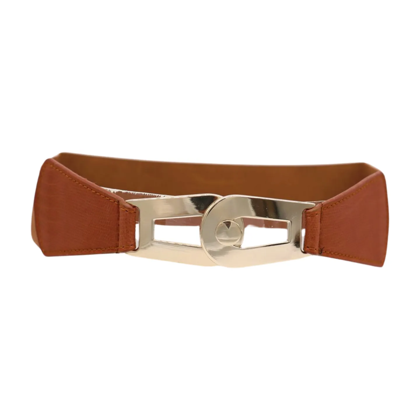 Women Brown Elastic Skinny Waistband Hip High Waist Belt Gold Metal Buckle S M