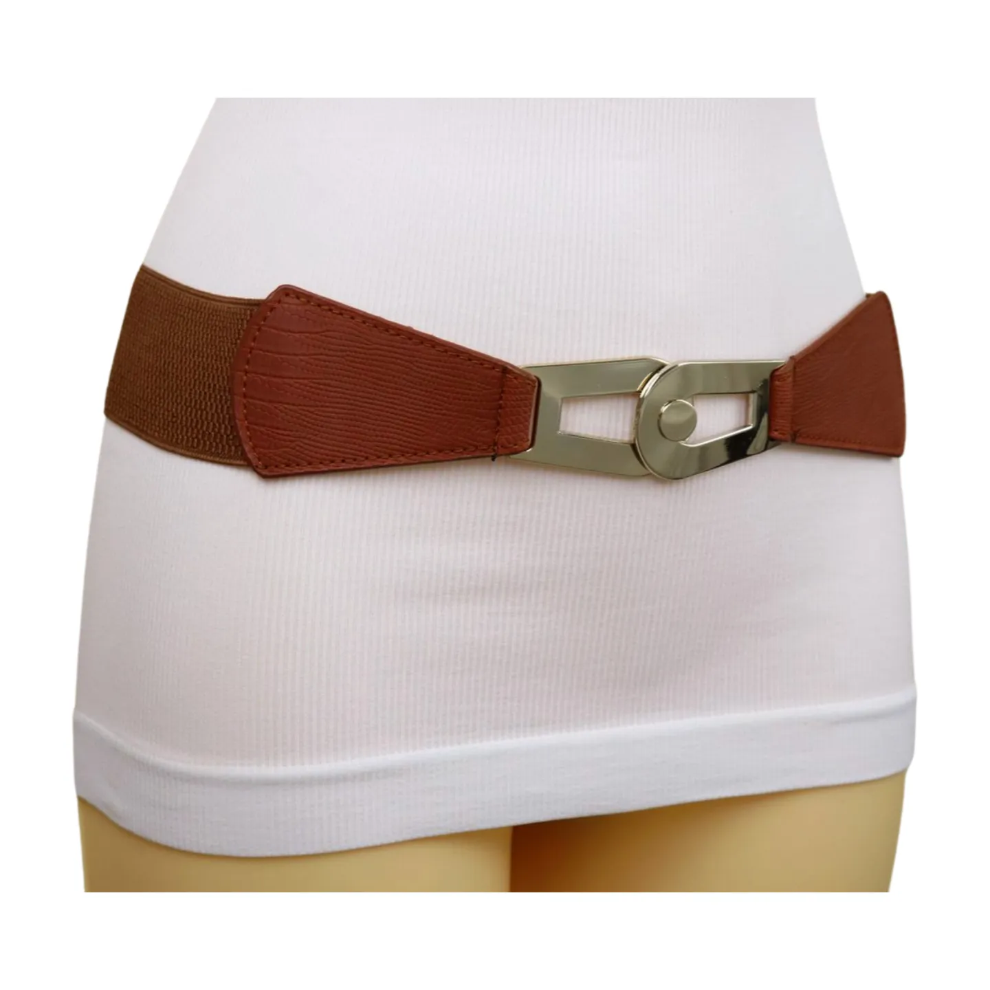 Women Brown Elastic Skinny Waistband Hip High Waist Belt Gold Metal Buckle S M