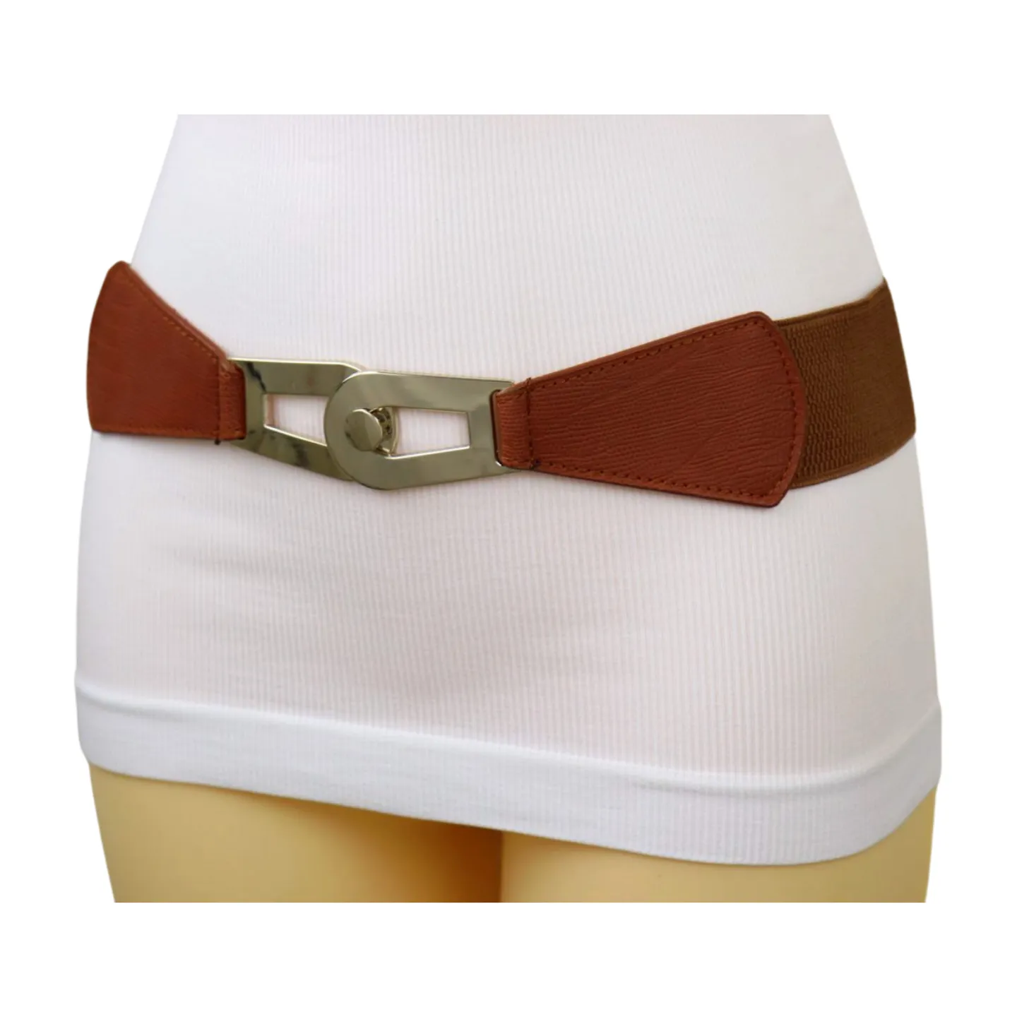 Women Brown Elastic Skinny Waistband Hip High Waist Belt Gold Metal Buckle S M