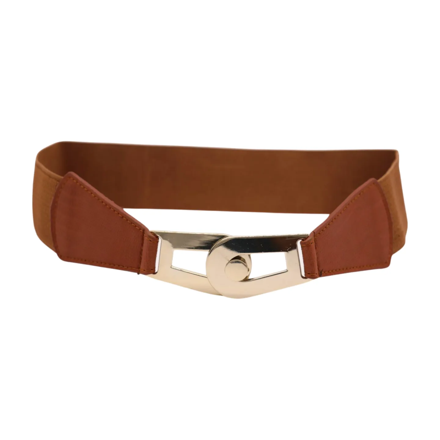 Women Brown Elastic Skinny Waistband Hip High Waist Belt Gold Metal Buckle S M