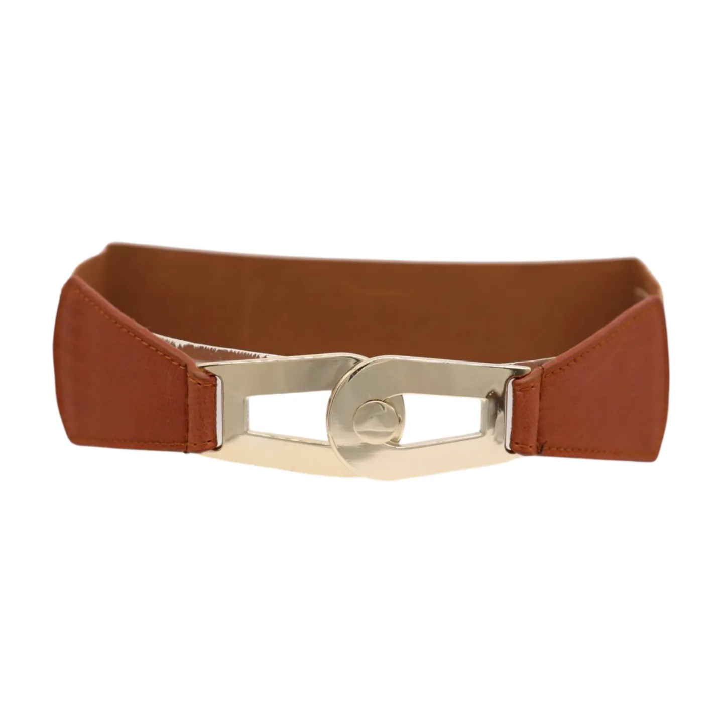 Women Brown Elastic Skinny Waistband Hip High Waist Belt Gold Metal Buckle S M