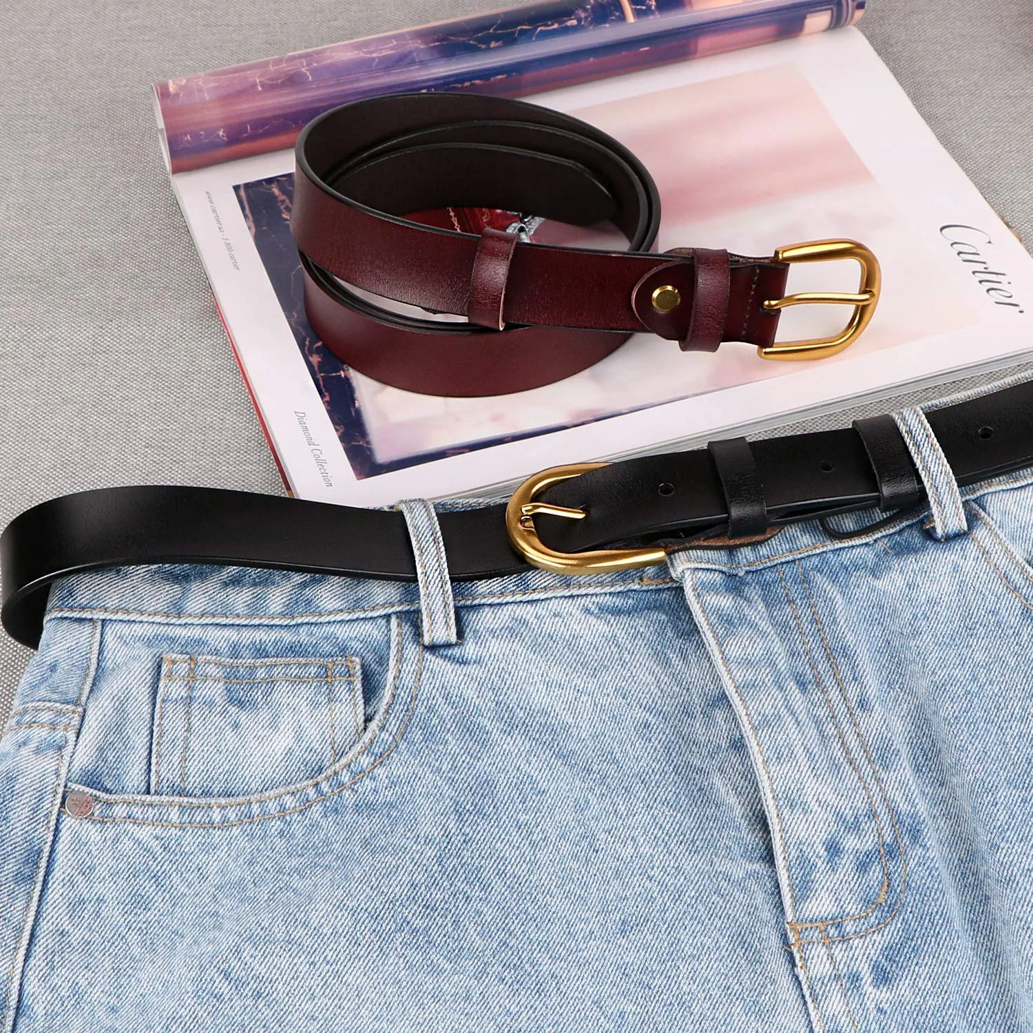 Women Casual Leather Belt for Jeans, 1.2 Inch Wide with Golden Buckle