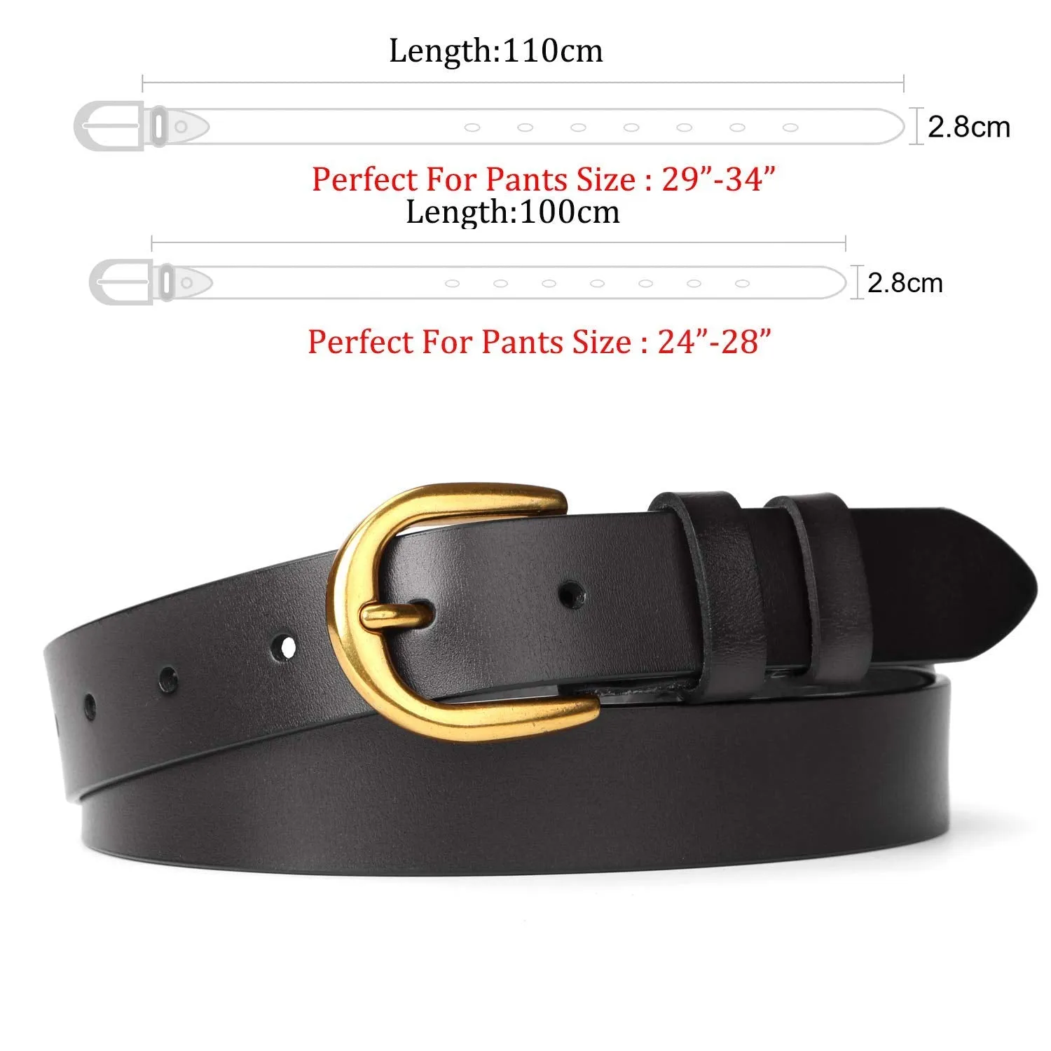 Women Casual Leather Belt for Jeans, 1.2 Inch Wide with Golden Buckle