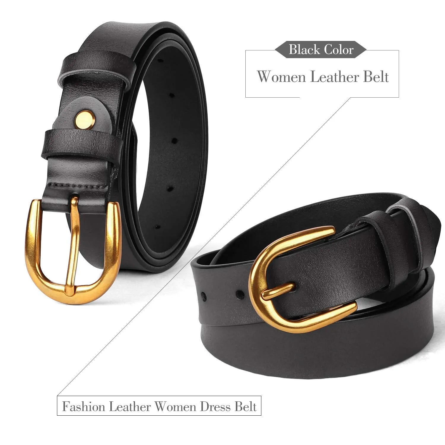 Women Casual Leather Belt for Jeans, 1.2 Inch Wide with Golden Buckle