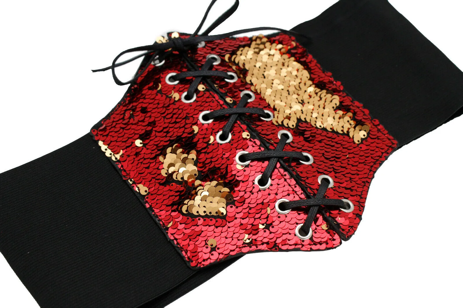 Women Corset Belt Wide Elastic High Waist Red Gold Sequins Size S M