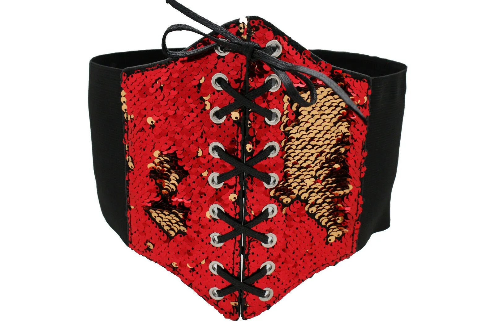 Women Corset Belt Wide Elastic High Waist Red Gold Sequins Size S M