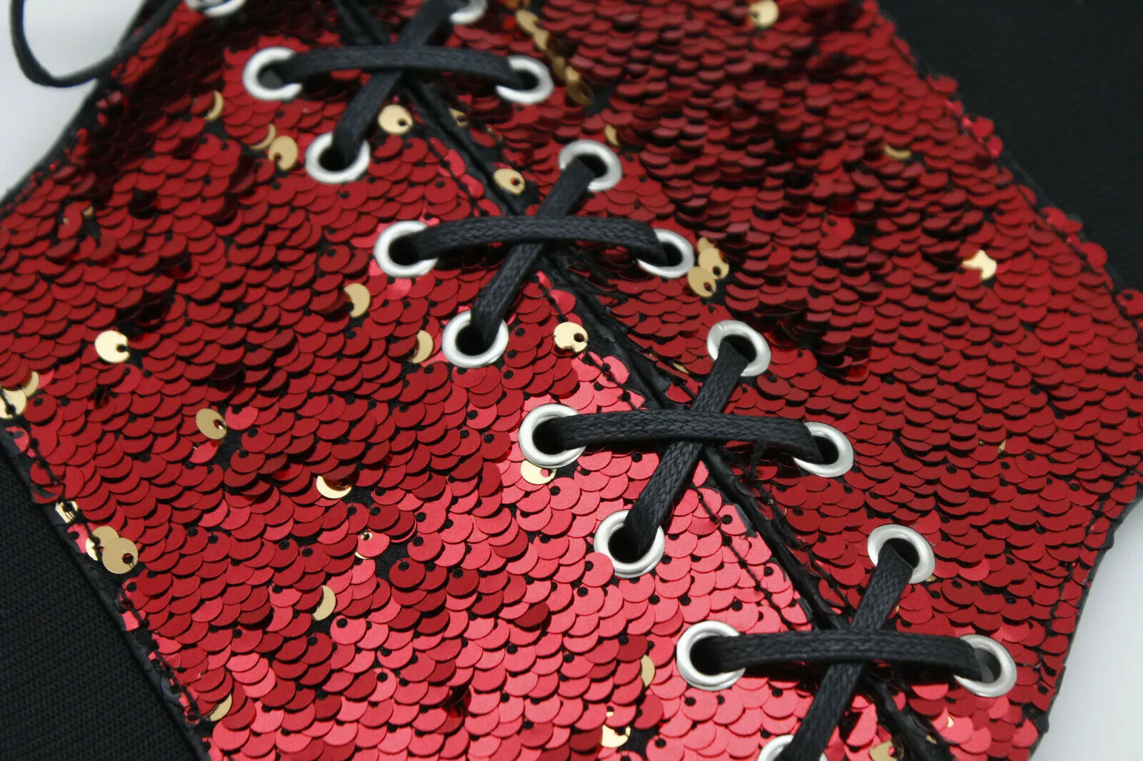 Women Corset Belt Wide Elastic High Waist Red Gold Sequins Size S M