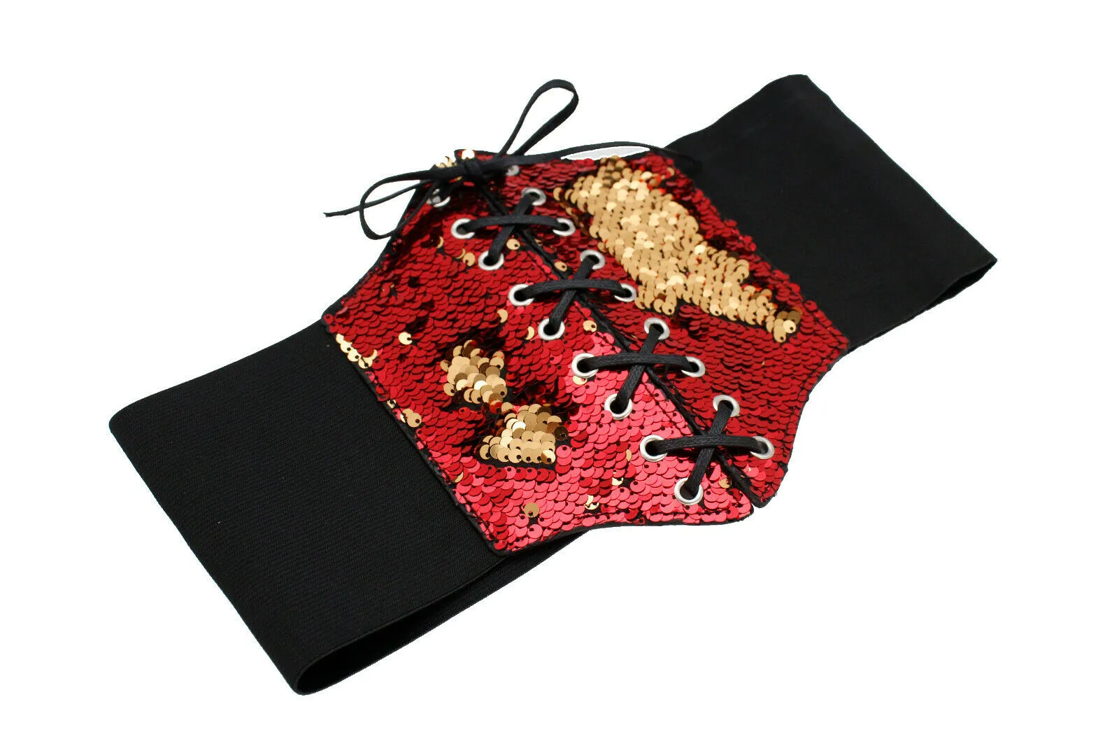 Women Corset Belt Wide Elastic High Waist Red Gold Sequins Size S M