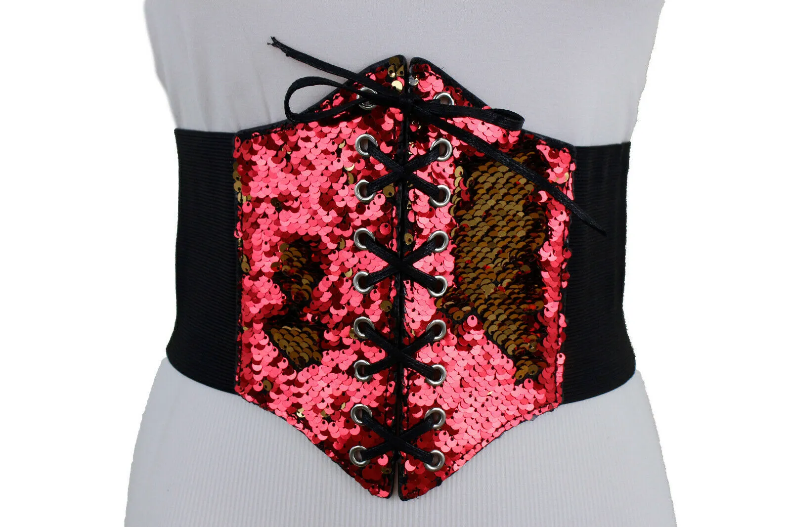 Women Corset Belt Wide Elastic High Waist Red Gold Sequins Size S M