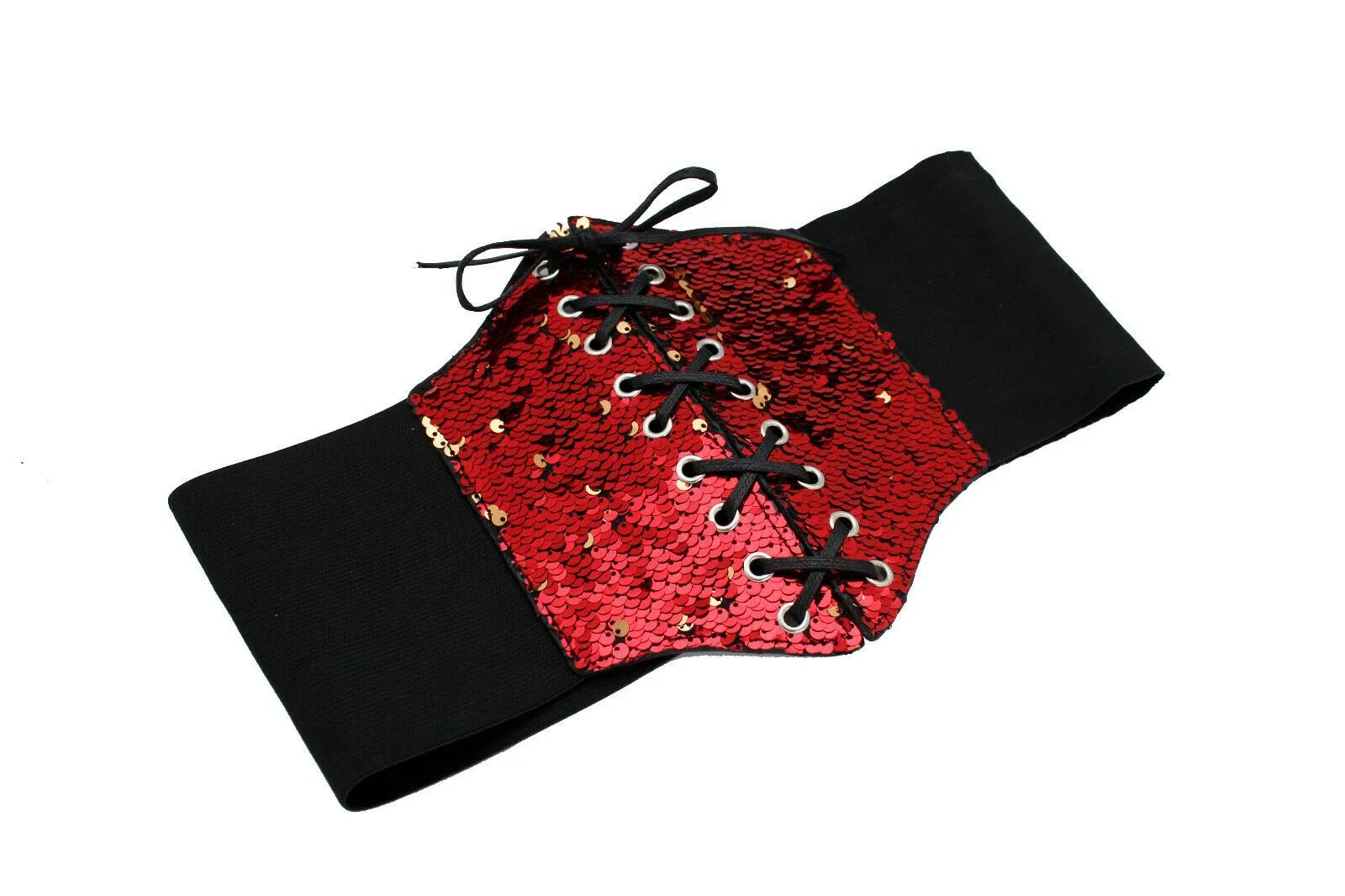 Women Corset Belt Wide Elastic High Waist Red Gold Sequins Size S M