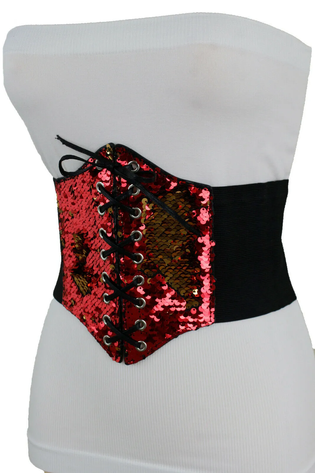 Women Corset Belt Wide Elastic High Waist Red Gold Sequins Size S M