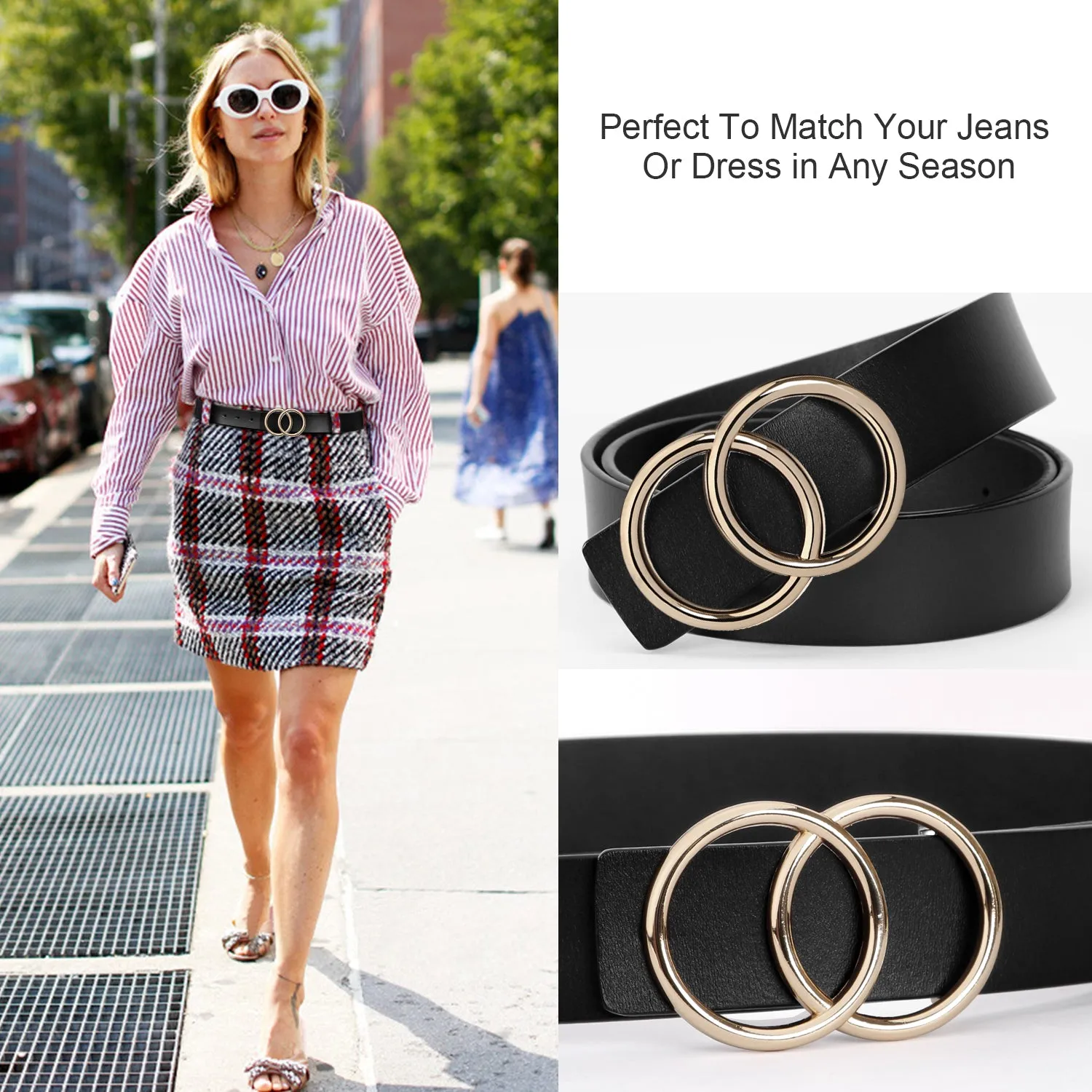 Women Leather Jeans Belt for Pants, Ladies Plus Size Waist Belts Double Ring Buckle By JASGOOD