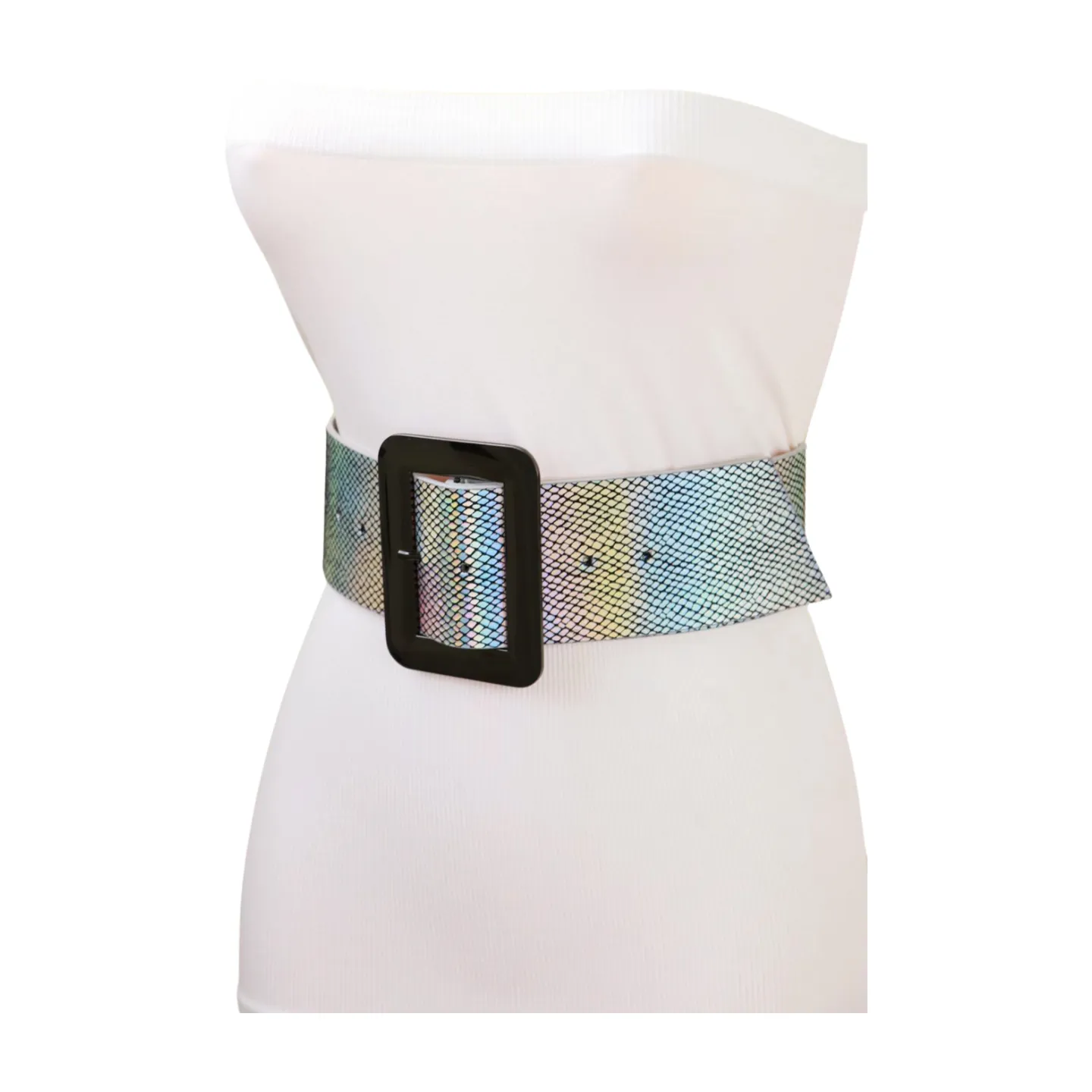 Women Metallic Silver Belt Square Metal Buckle S M