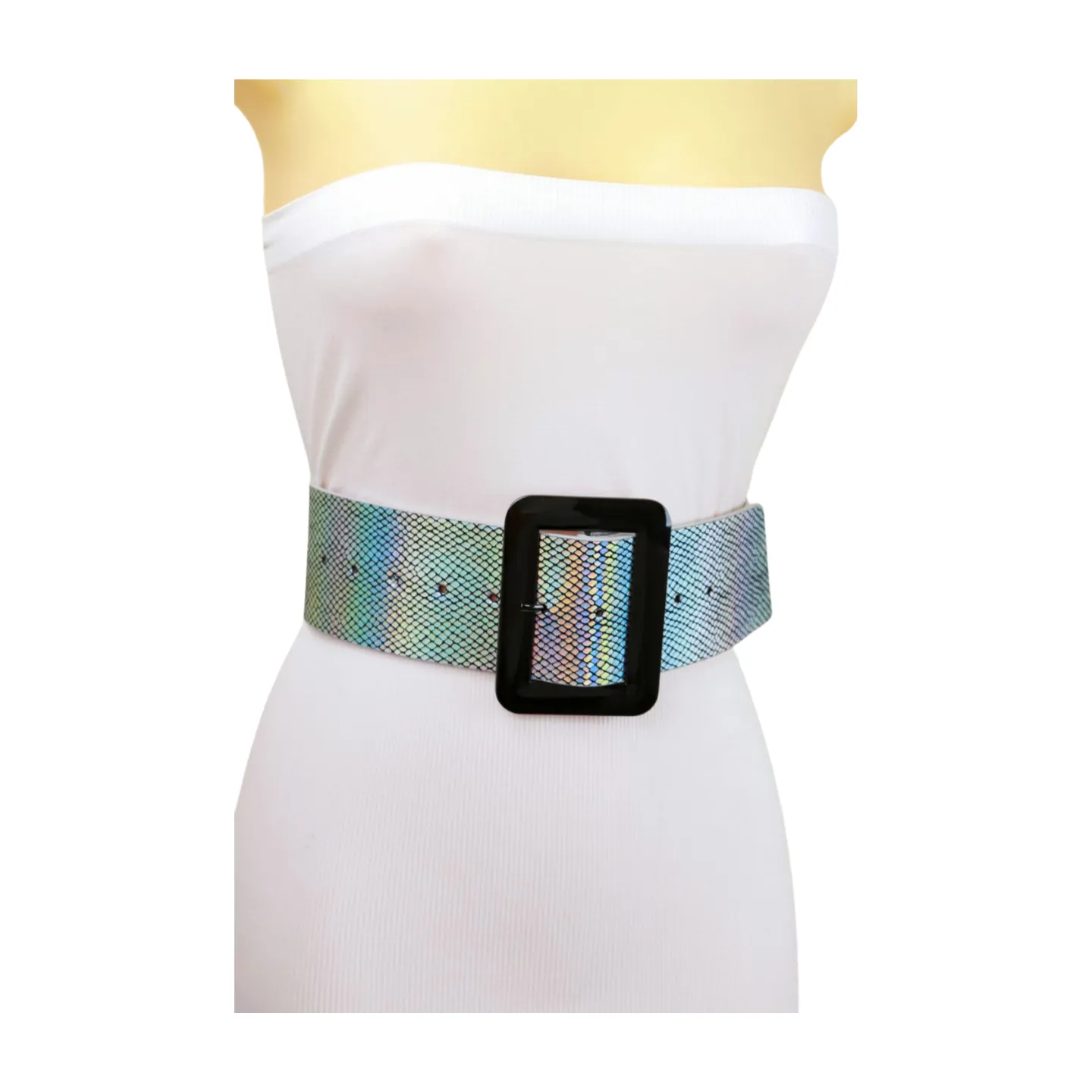 Women Metallic Silver Belt Square Metal Buckle S M